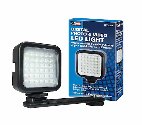 Vidpro LED-36X
DIGITAL PHOTO & VIDEO LED LIGHT
Greatly enhances the color and clarity of your digital videos or still images.
- New LED technology runs cooler and brighter and lasts longer than standard halogen lights.
- LEDs produce a 40W equivalent light beam.
