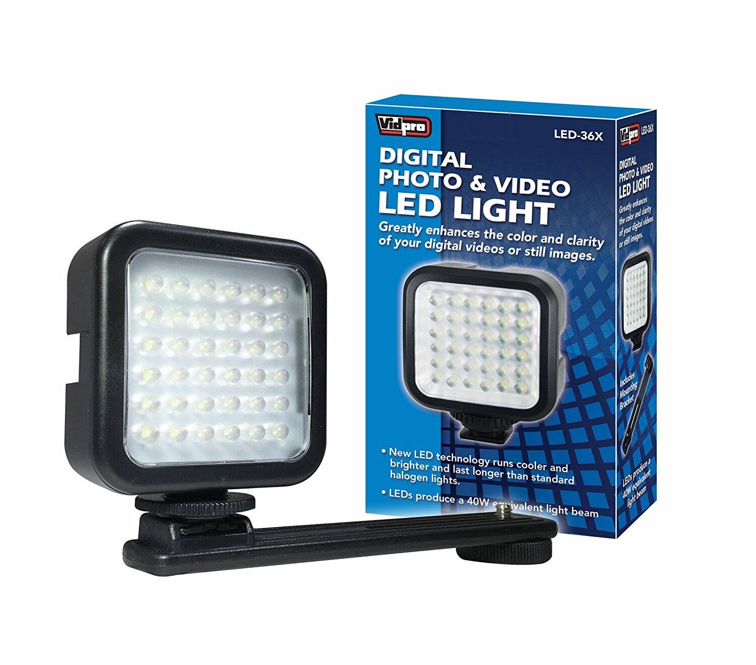 Vidpro LED-36X  
DIGITAL PHOTO & VIDEO LED LIGHT  
Greatly enhances the color and clarity of your digital videos or still images.  

- New LED technology runs cooler and brighter and lasts longer than standard halogen lights.  
- LEDs produce a 40W equivalent light beam.