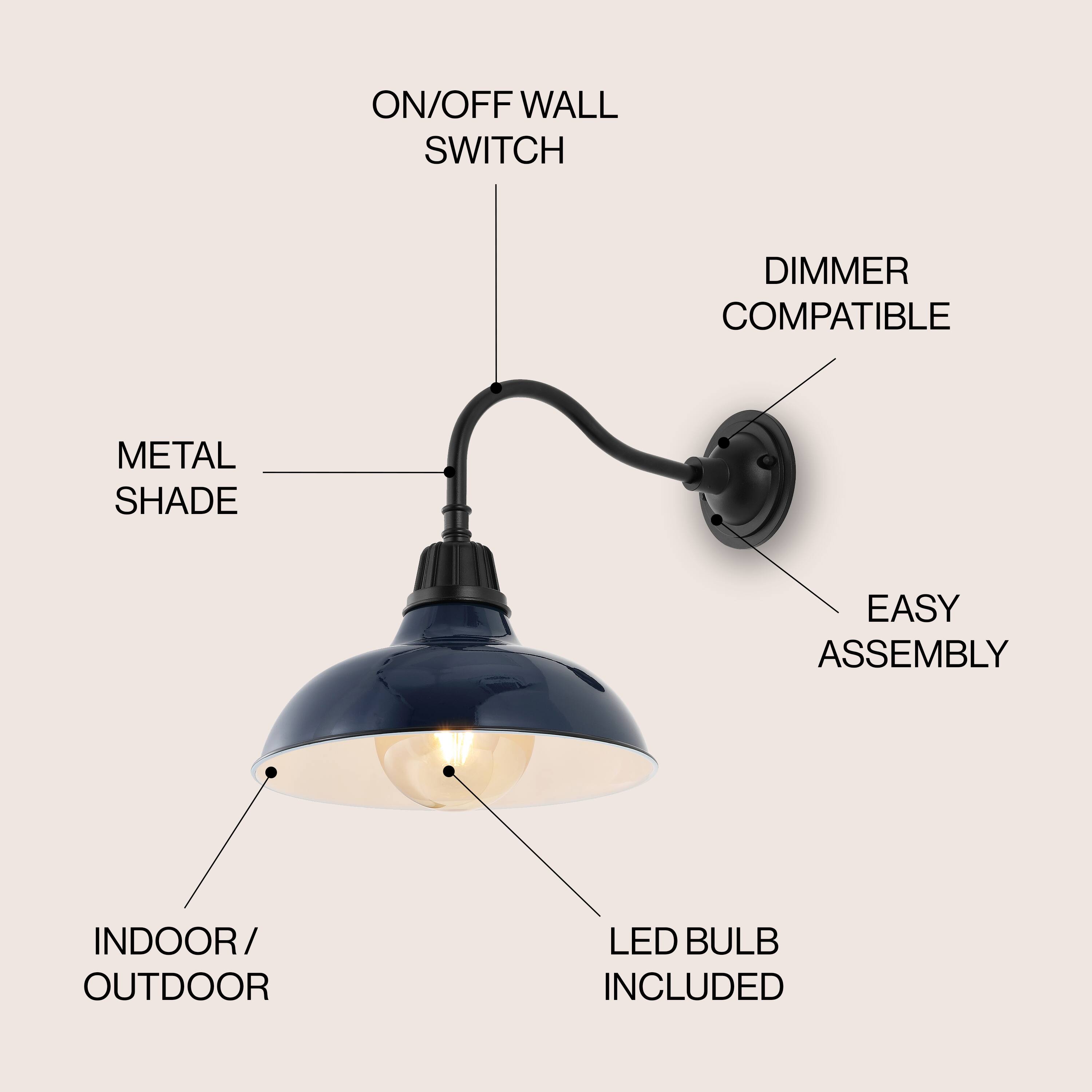 ON/OFF WALL SWITCH  
DIMMER COMPATIBLE  
METAL SHADE  
EASY ASSEMBLY  
INDOOR/OUTDOOR  
LED BULB INCLUDED