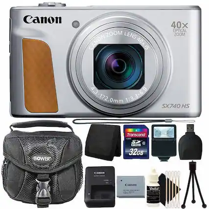 Canon SX740 HS
40x Optical Zoom
Canon Zoom Lens 40x IS
4.3-172.0mm 1:3.3-6.9
Bower
Transcend 32GB SDHC
Canon Battery Charger
Canon Battery
Vivitar Lens Cleaning Kit
Canon Lens Hood
Canon Tripod