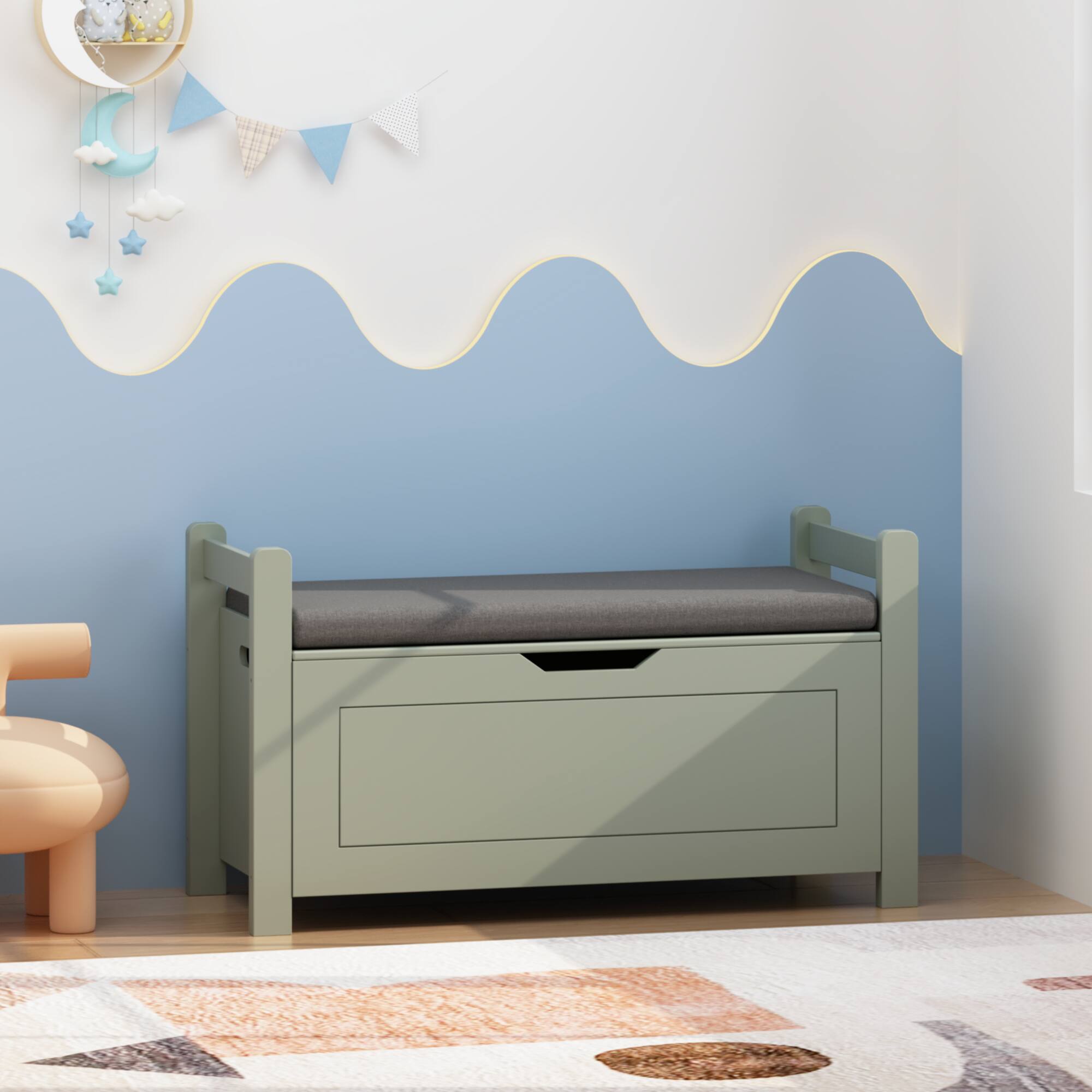 Angle. Z-Edge - Kids Storage Bench, Wooden Toy Box Chest, Large Storage Cabinet with Safety Hinge, Flip-Top Lid for Nursery, Playroom - Green.