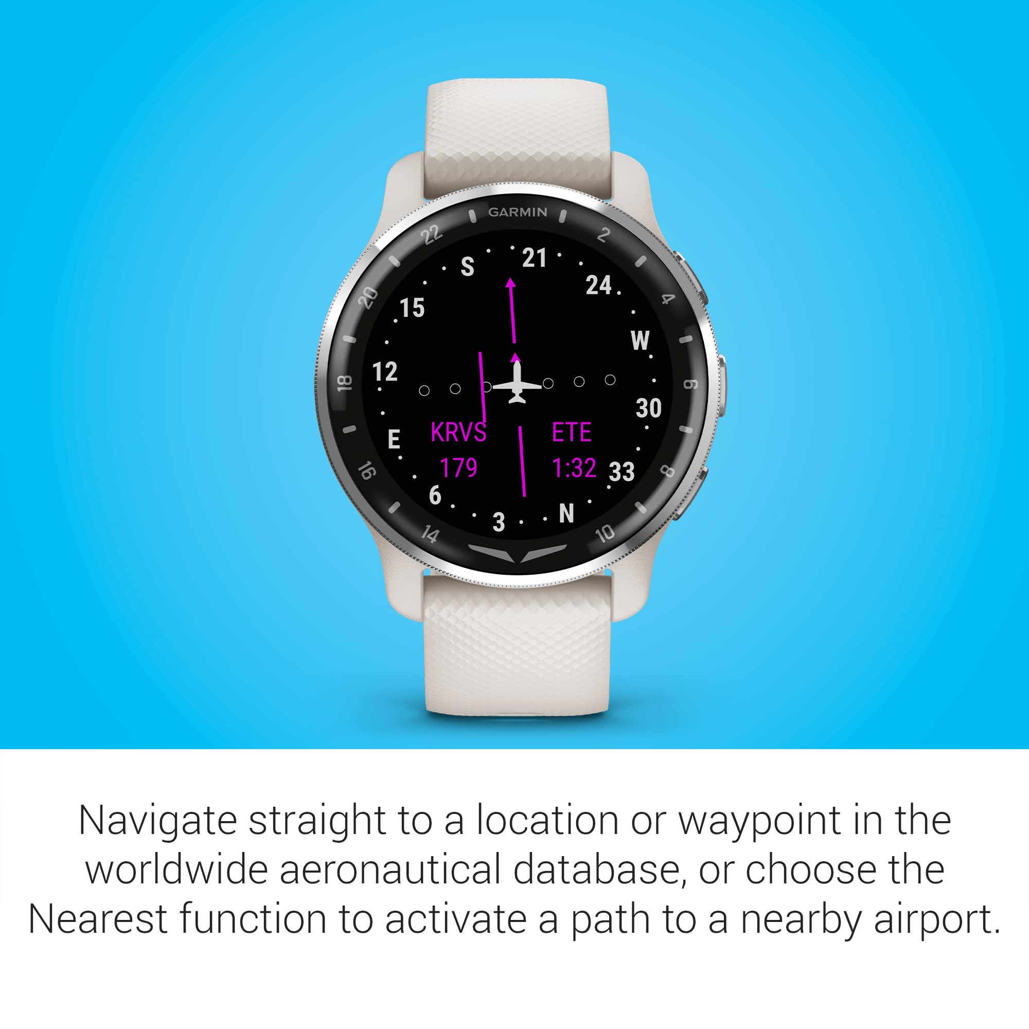 GARMIN 22 2 S 21 I 24 20 15 W - 12 18 30 - KRVS ETE E 16 179 1:32 33 a 6 3 14 10

Navigate straight to a location or waypoint in the worldwide aeronautical database, or choose the Nearest function to activate a path to a nearby airport.