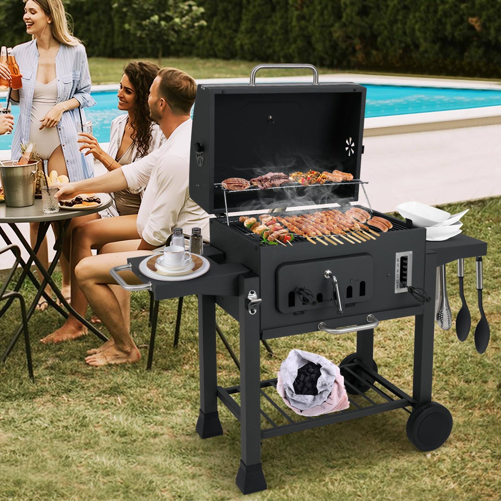 Alt View 1. Ecooso - 24-Inch Barrel Charcoal Grill with Dual Folding Side Tables, 544 sq in Cooking Area.