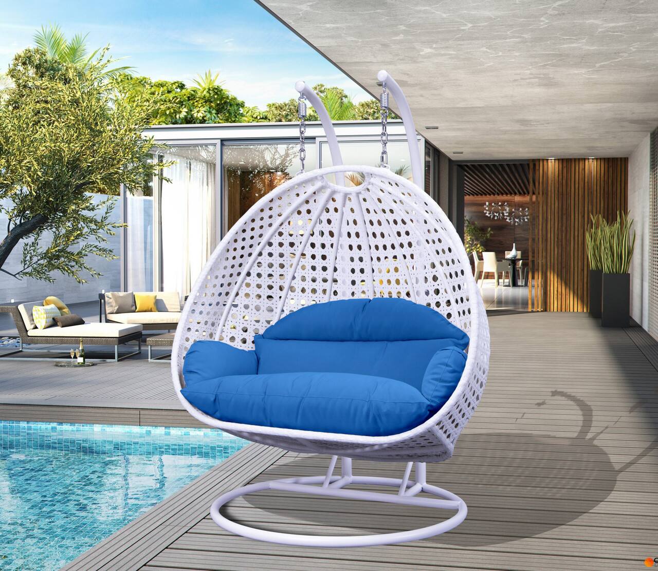Left. LeisureMod - Leisuremod Modern 2-Person Outdoor Egg Swing White Wicker Chair with Stand, Plush Washable Cushions & Waterproof Cover - Dark Green.
