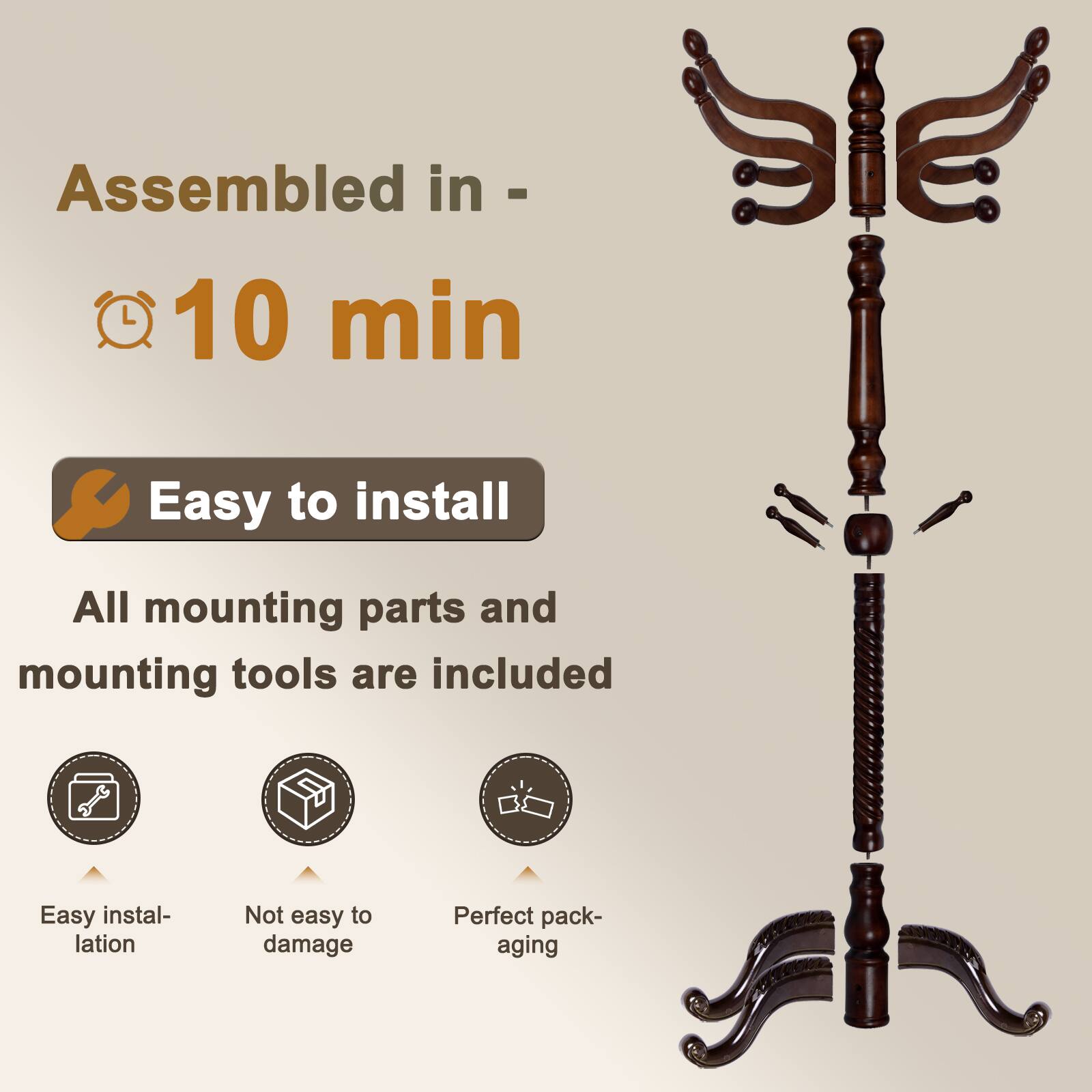Alt View 2. Chateau Abodes - Solid Wood Coat Rack, Free Standing Hall Coat Tree with 11Hooks, 2 Height Options, 270lbs Load, Stury Base - Dark Brown - Tri-legged.