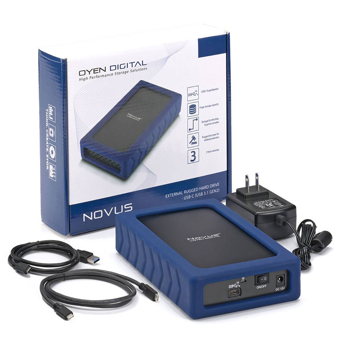 OYEN DIGITAL  
High Performance Storage Solutions  

NOVUS  
EXTERNAL RUGGED HARD DRIVE  
USB-C (USB 3.1 GEN2)  

- USB 3.1 Gen2  
- Large storage capacity  
- Storage for Mac & Game consoles  
- Rugged housing for added protection  
- 3 year warranty