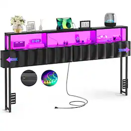 Aheaplus - King Upholstered Headboard with Charging Station, LED Light, and 2 Drawers, Storage Headboard for Bedroom - Black