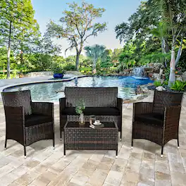 Gymax - 4PCS Patio Rattan Conversation Furniture Set Outdoor w/ Cushion - Black