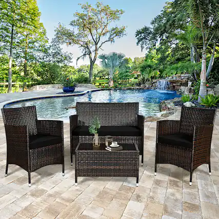 Front. Gymax - Gymax 4PCS Patio Rattan Conversation Furniture Set Outdoor w/ Black Cushion - Black.