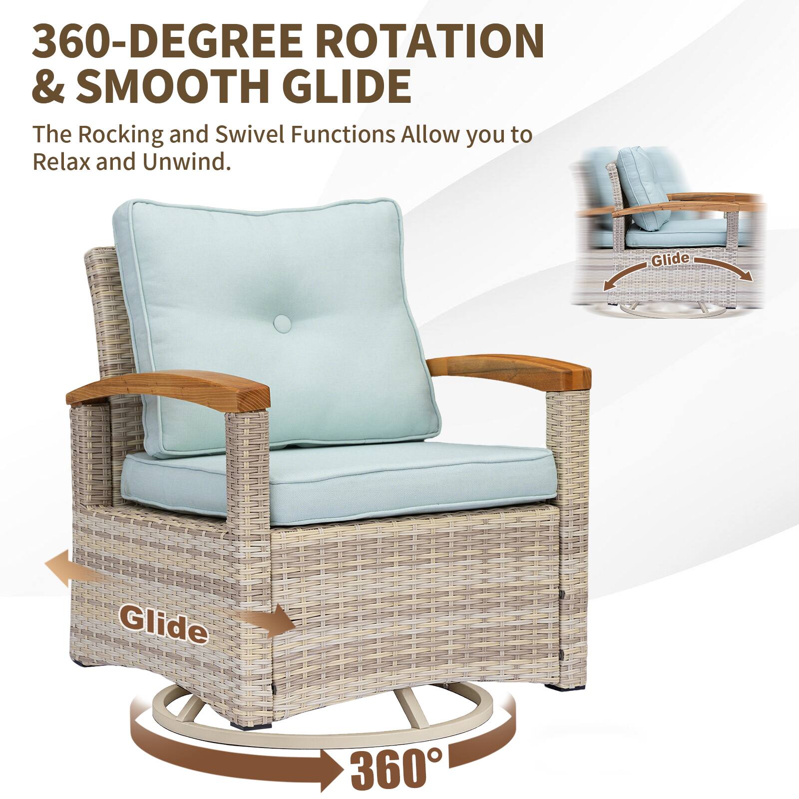 360-DEGREE ROTATION & SMOOTH GLIDE

The Rocking and Swivel Functions Allow you to Relax and Unwind.

Glide

360°