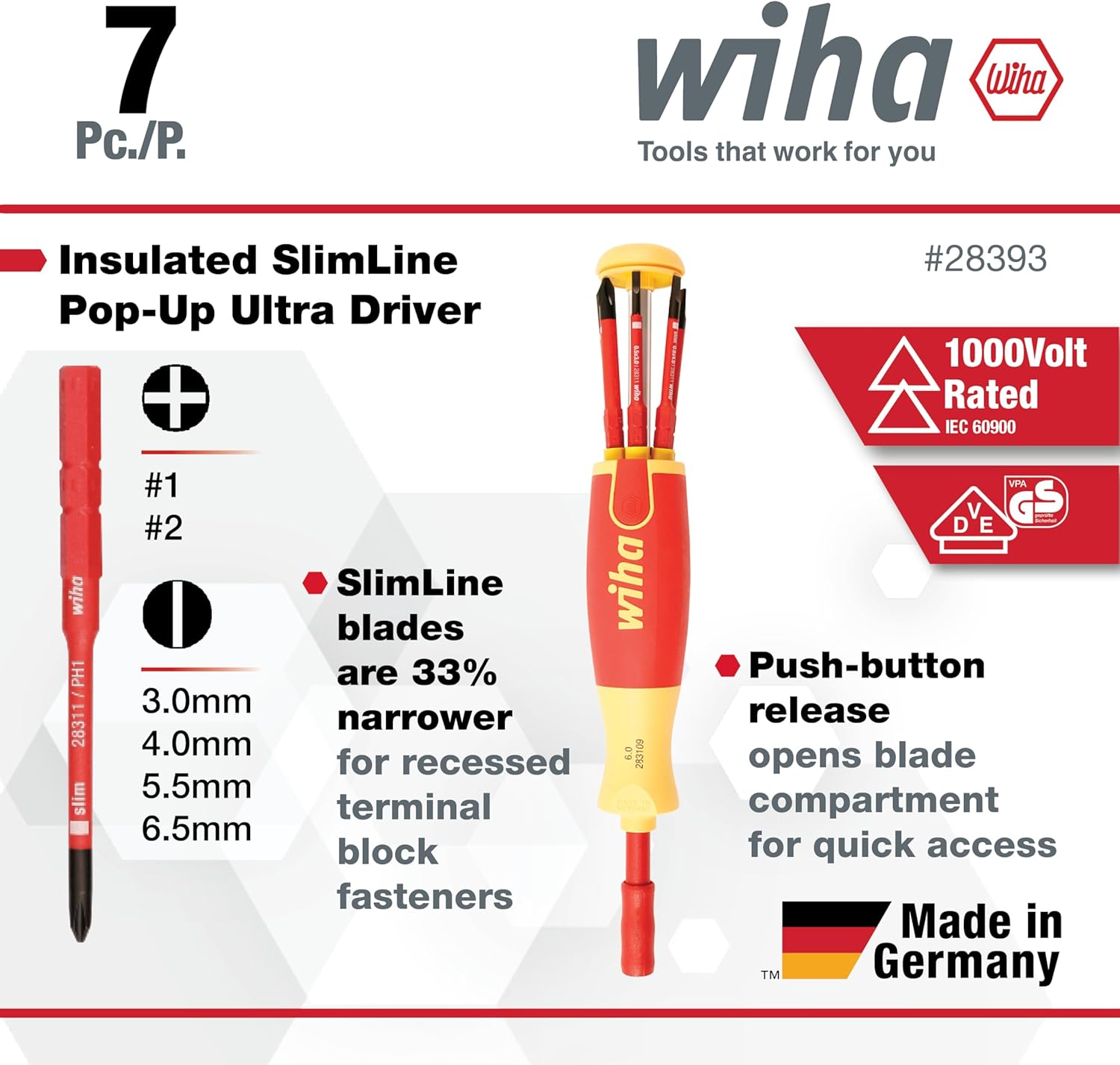 7 Pc./P. wiha Tools that work for you Insulated SlimLine Pop-Up Ultra Driver + #1 #2 wiha SlimLine blades /PH1 are 33% narrower for recessed slim 3.0mm 4.0mm 5.5mm terminal block fasteners #28393 1000Volt Rated IEC 60900 VIPA V GS D E Push-button release opens blade compartment for quick access Made in TM Germany