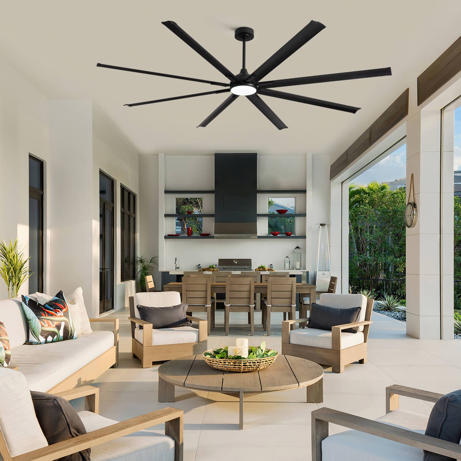 Front. Siljoy - 96 Inch Industrial Black Ceiling Fan with Integrated LED Light and Remote for Patio Kitchen Garage and Warehouse - Black.