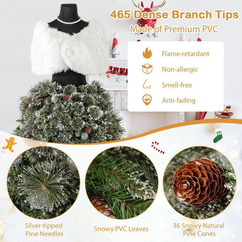 465 Dense Branch Tips  
Made of Premium PVC  

- Flame-retardant  
- Non-allergic  
- Smell-free  
- Anti-fading  

Silver-tipped Pine Needles  
Snowy PVC Leaves  
36 Snowy Natural Pine Cones