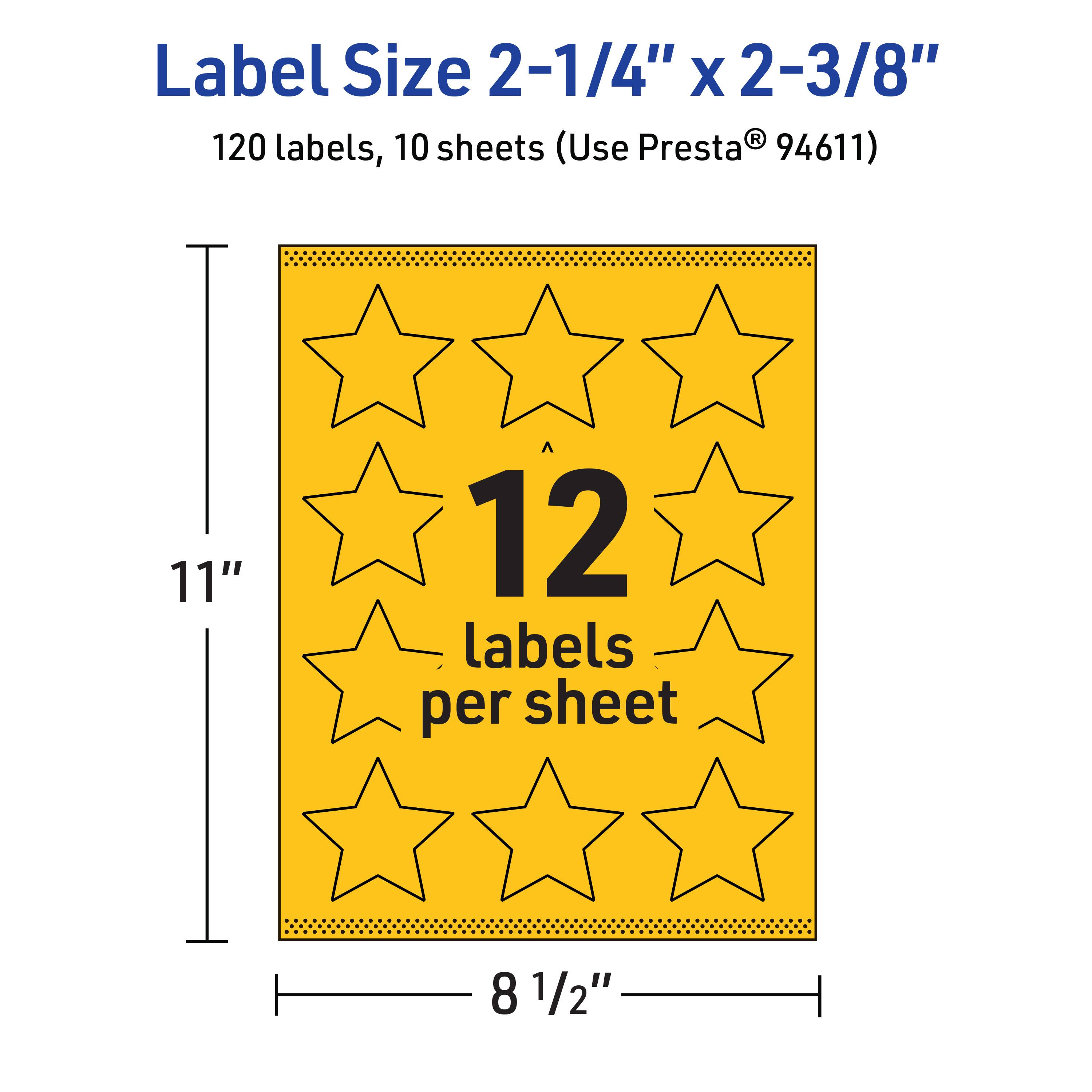 Label Size 2-1/4" x 2-3/8"  
120 labels, 10 sheets (Use Presta® 94611)  
11"  
12 labels per sheet  
8 1/2"