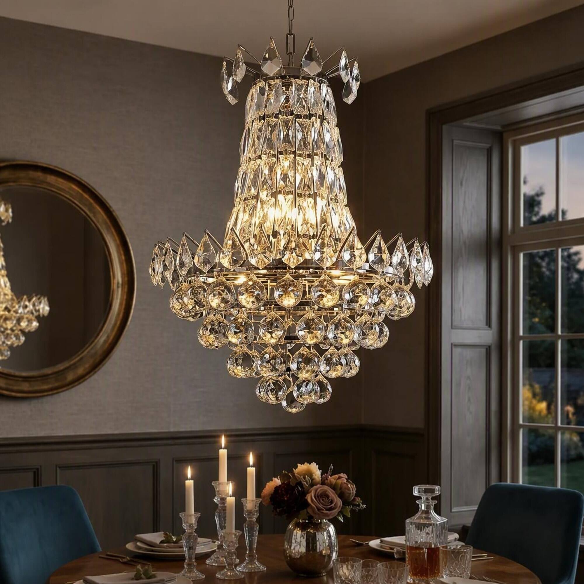 Front. RYHNUYNE - Modern 6-Light Crystal Chandelier, Dimmable Flush Mount Ceiling Fixture For Living Room Bedroom - Chrome.