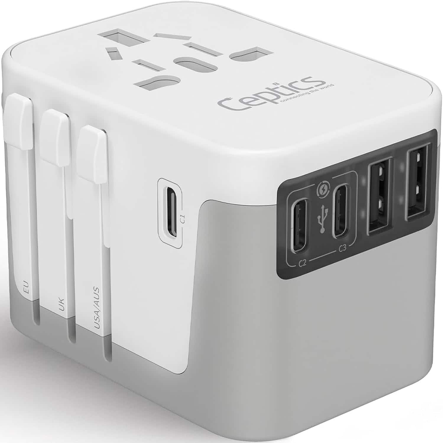 Ceptics - 6 in 1 Universal Travel Adapter, Universal Outlet w/ 2X USB-A and 3X USB-C 6A - White