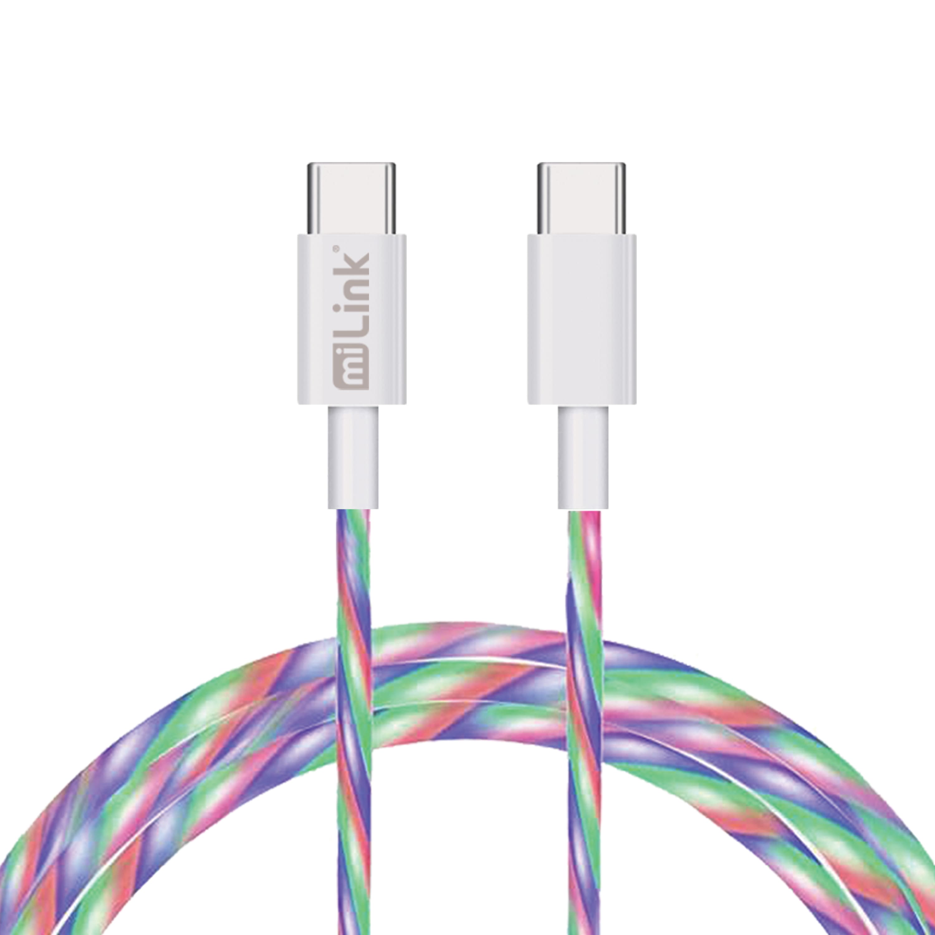 miLink - 1-Pack 2M/6.6FT Glowing Light Streamer Type-C to Type-C Charging & Data Cable (Multi-color)