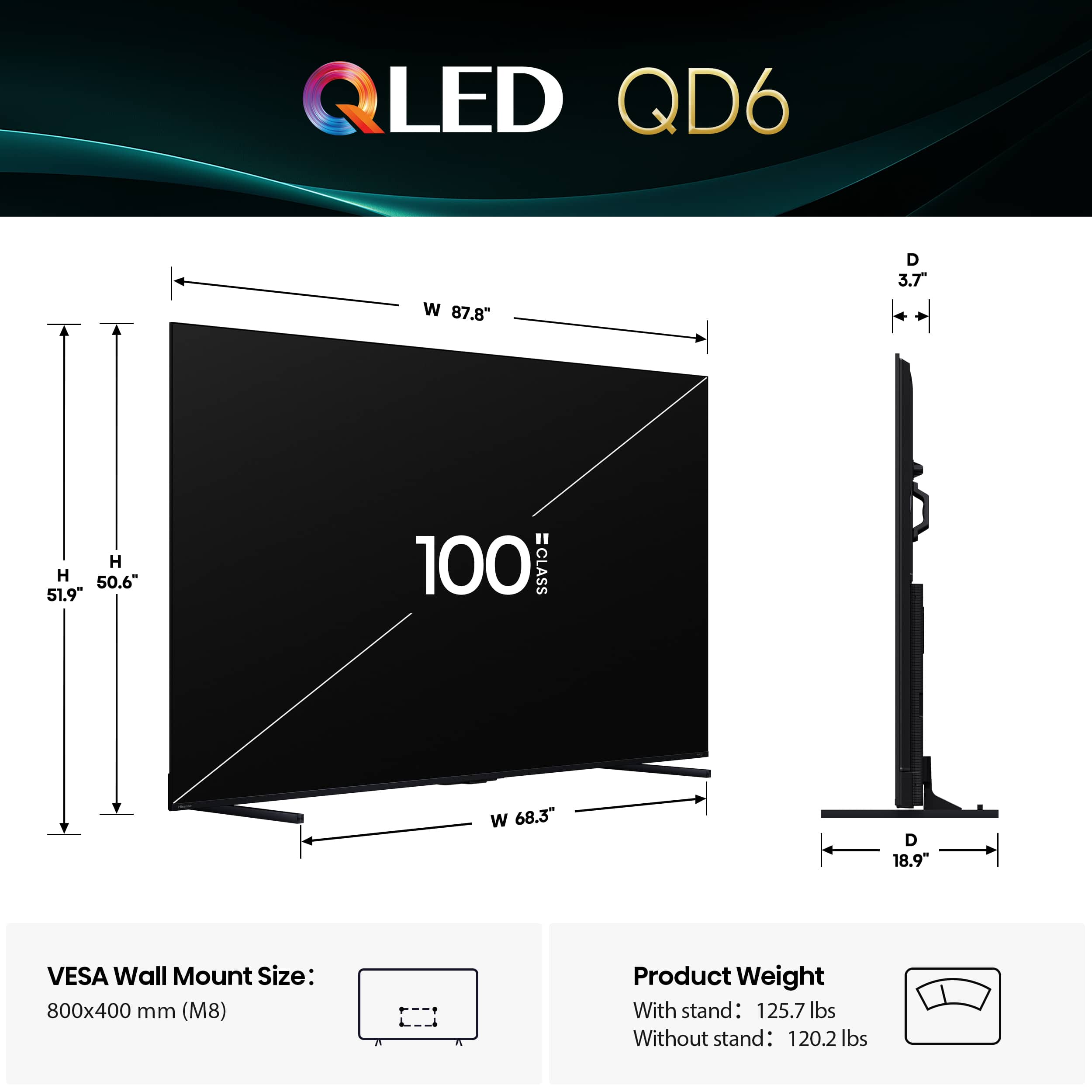 QLED QD6 W 87.8" D 3.7" H 50.6" 51.9" 100 CLASS W 68.3" D 18.9 VESA Wall Mount Size: 800x400 mm (M8) Product Weight With stand: 125.7 lbs Without stand: 120.2 lbs