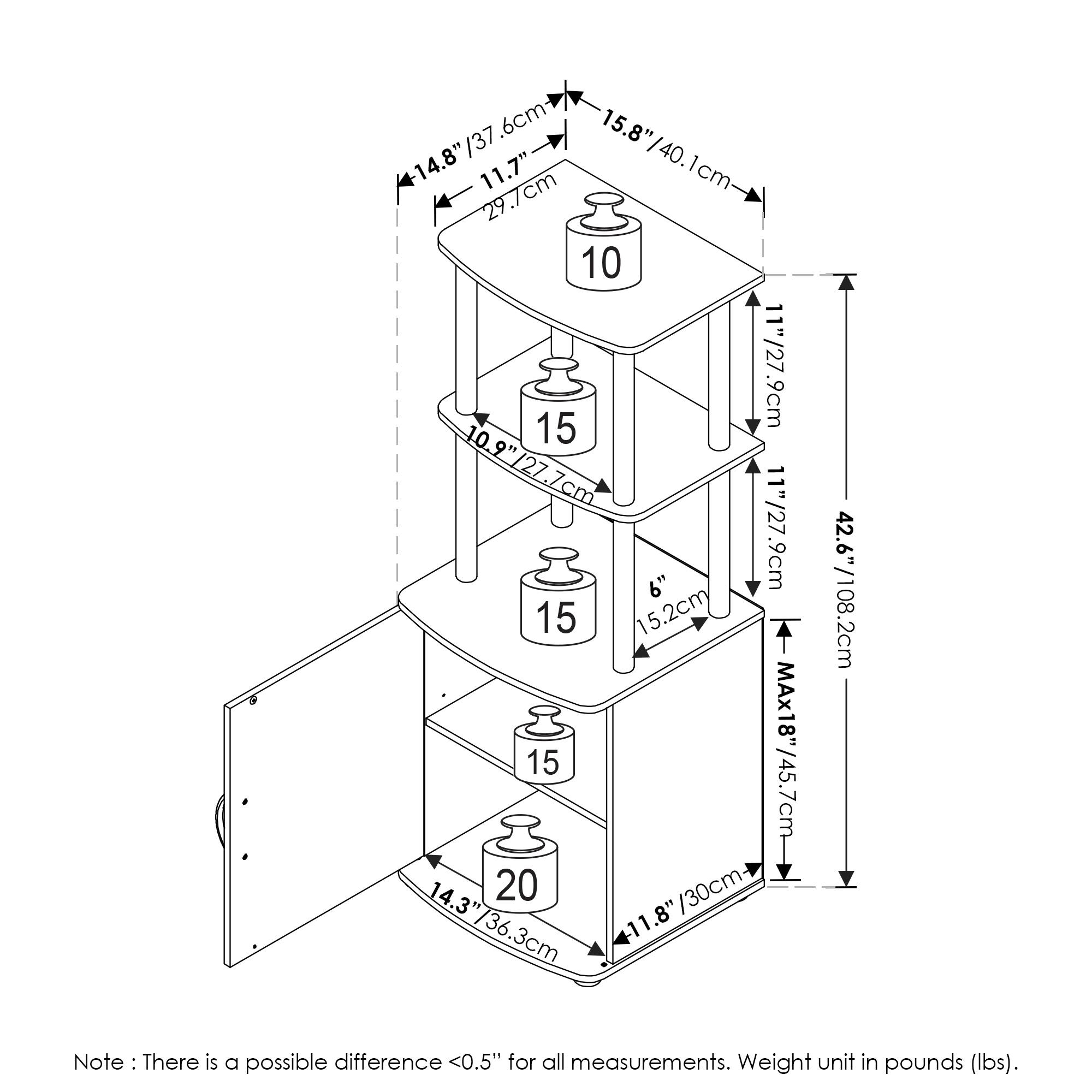 9.6cm  
15.8" / 40.1cm  
14.8" / 37.6cm  
11.7" / 29.7cm  
10.9" / 27.7cm  
6" / 15.2cm  
11" / 27.9cm  
15  
15  
15  
20  
14.3" / 36.3cm  
11.8" / 30cm  
MAX 18" / 45.7cm  

Note: There is a possible difference <0.5" for all measurements. Weight unit in pounds (lbs).