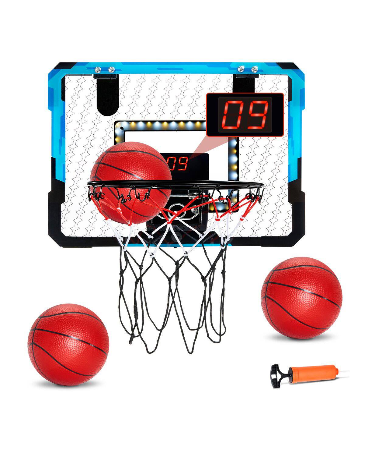 Front. Glintex - Basketball Hoop, Mini Over-the-Door Goal with Electronic Scoreboard, LED Light and Music for Kids 3+ Indoor Play - Blue.