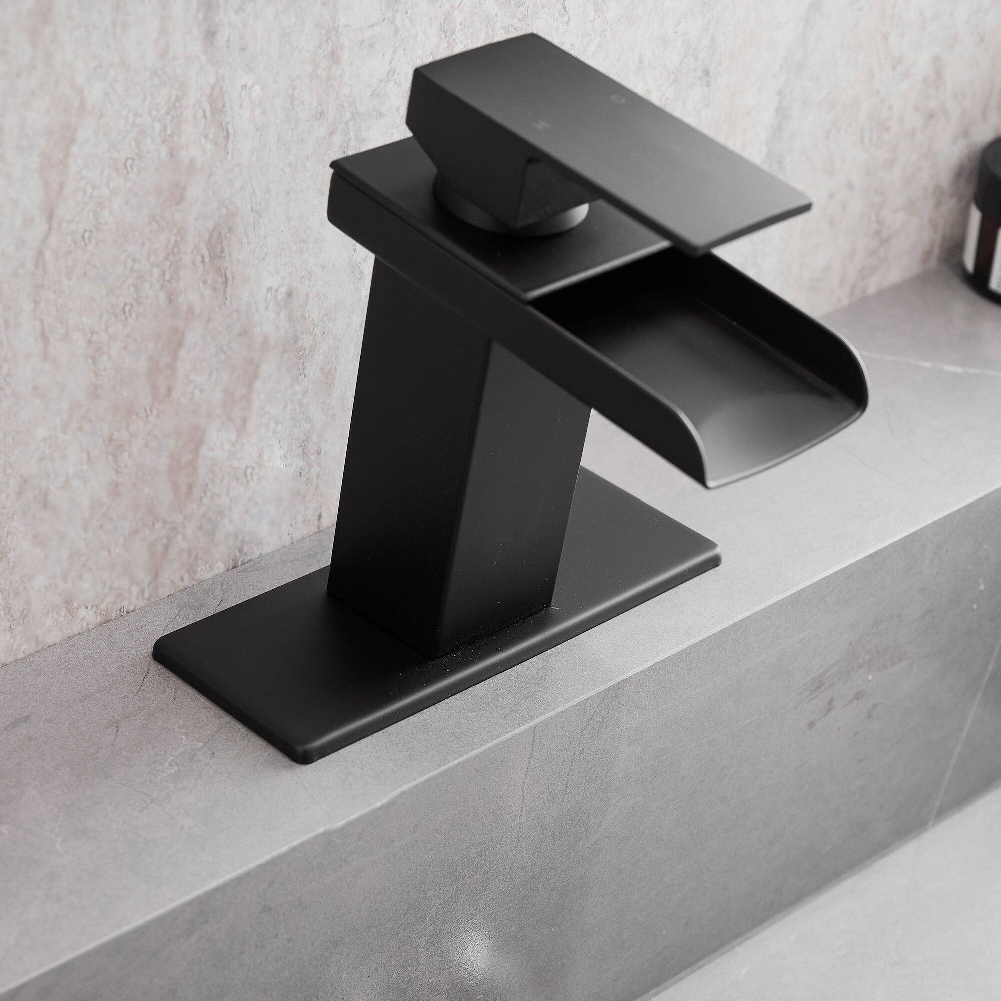 Back. Boyel Living - Modern Waterfall Single Handle Single Hole Bathroom Faucet Matte Black with Deck Plate and Water Supply Hoses - Matte Black.