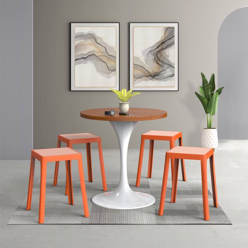 Back. LeisureMod - Tresse Stackable Poly Stool with Wicker Top, Modern Outdoor Counter Height Patio Barstool Set of 2 - Orange.