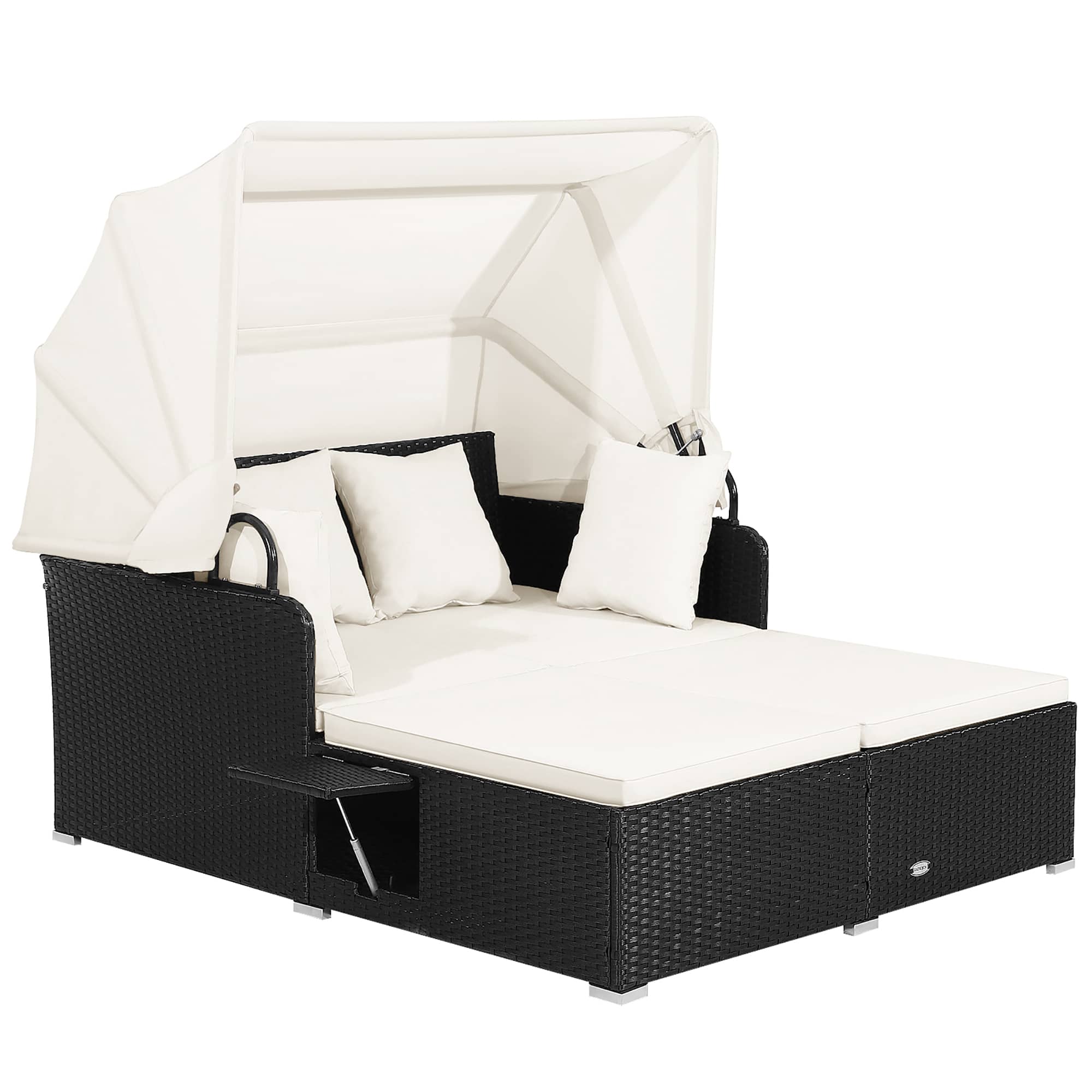 Front. Costway - Patio Rattan Daybed Lounge Retractable Top Canopy Side Tables Cushions - Off White.