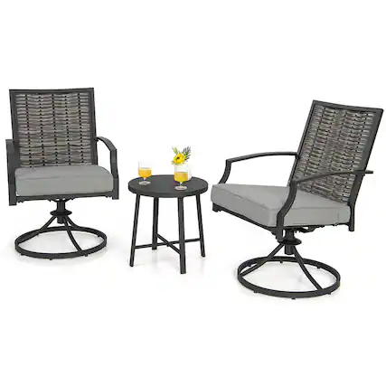 Front. Gymax - Gymax 3PCS Swivel Chair Set Coffee Table Wicker Cushioned Seat Balcony Porch Patio - Brown.