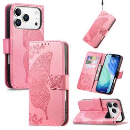 Dteck - Wallet Case for Apple iPhone 17 Pro Max, Embossed Butterfly Pattern Leather Card Slots Flip Stand Cover+Strap - Pink