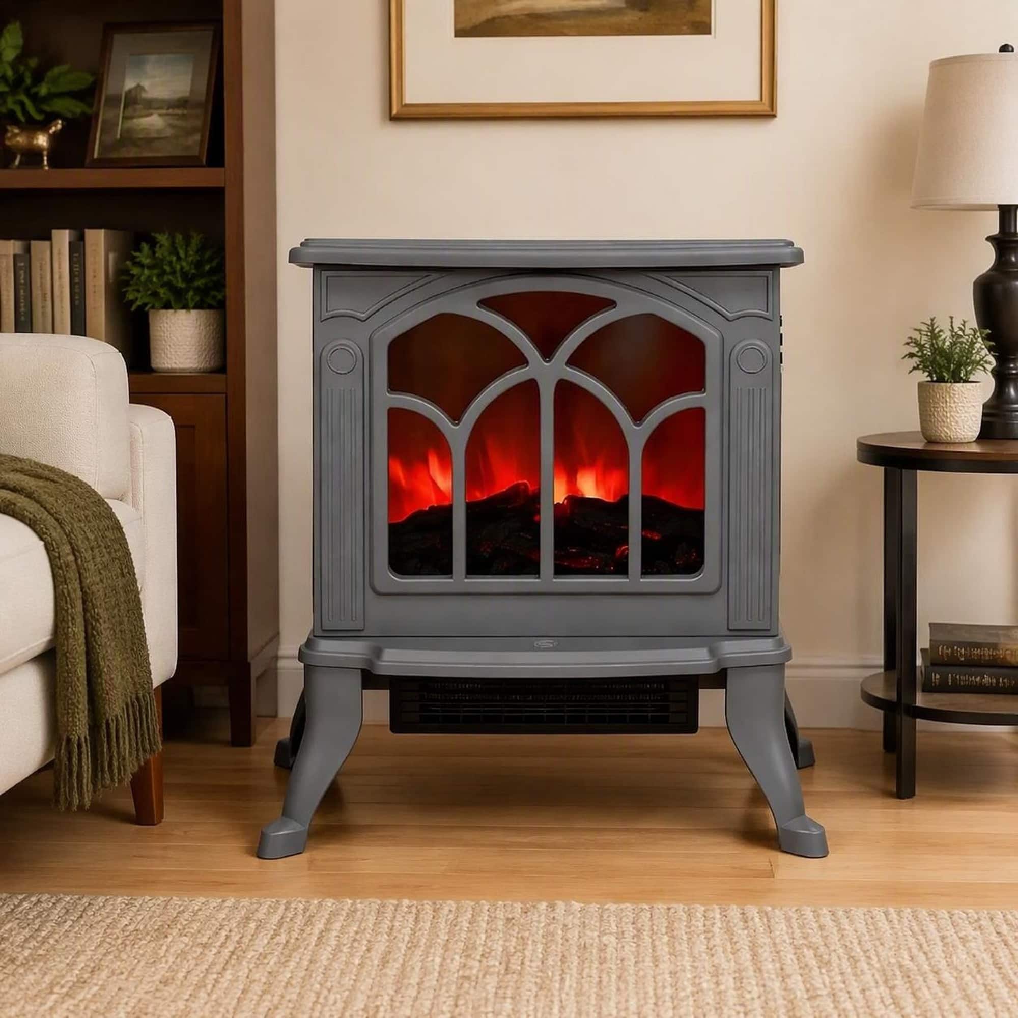 RYHNUYNE - Vintage-Style Electric Stove Heater with Realistic Flame Effect, 750W/1500W Adjustable Heat - Gray