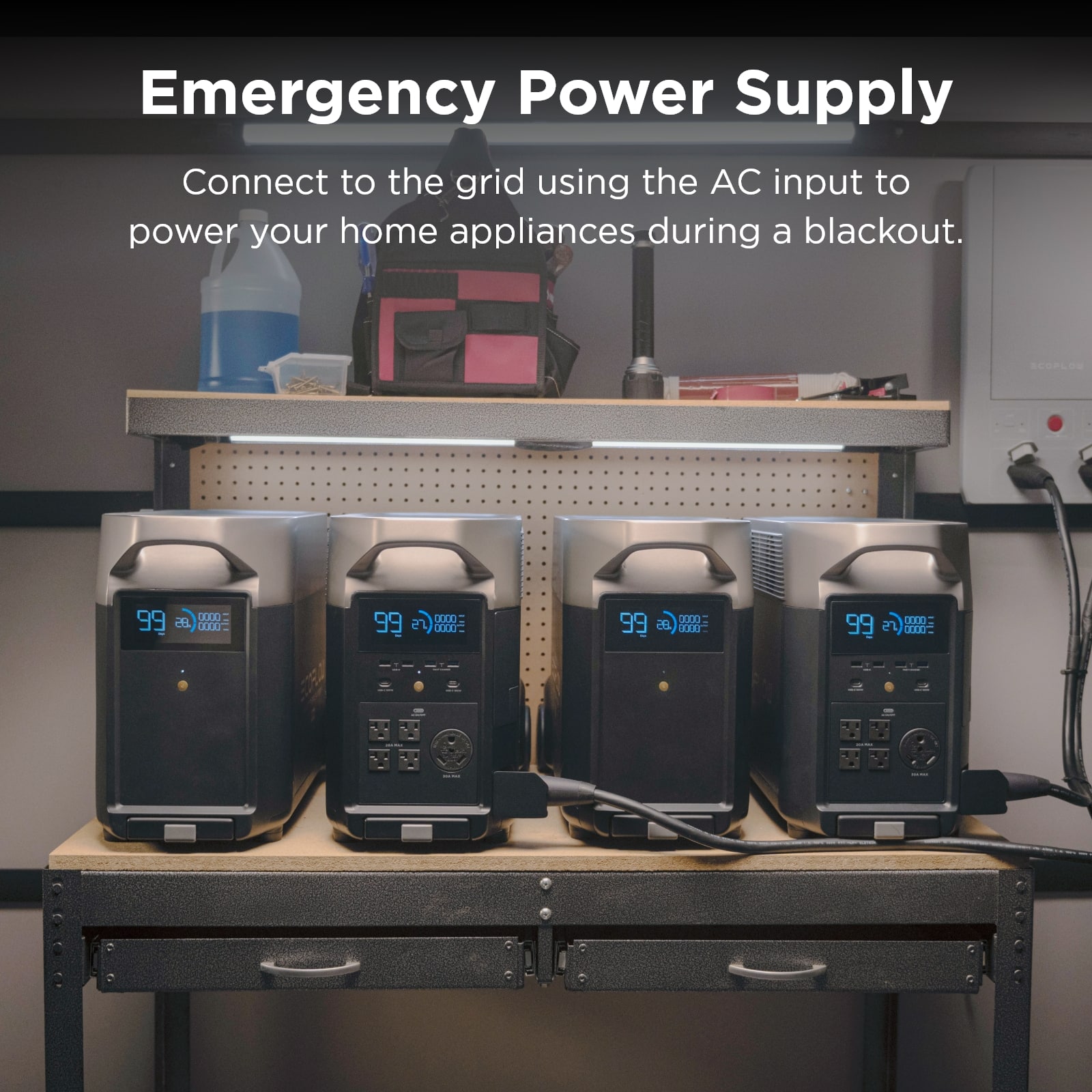 Emergency Power Supply: Connect to the grid using the AC input to power your home appliances during a blackout.