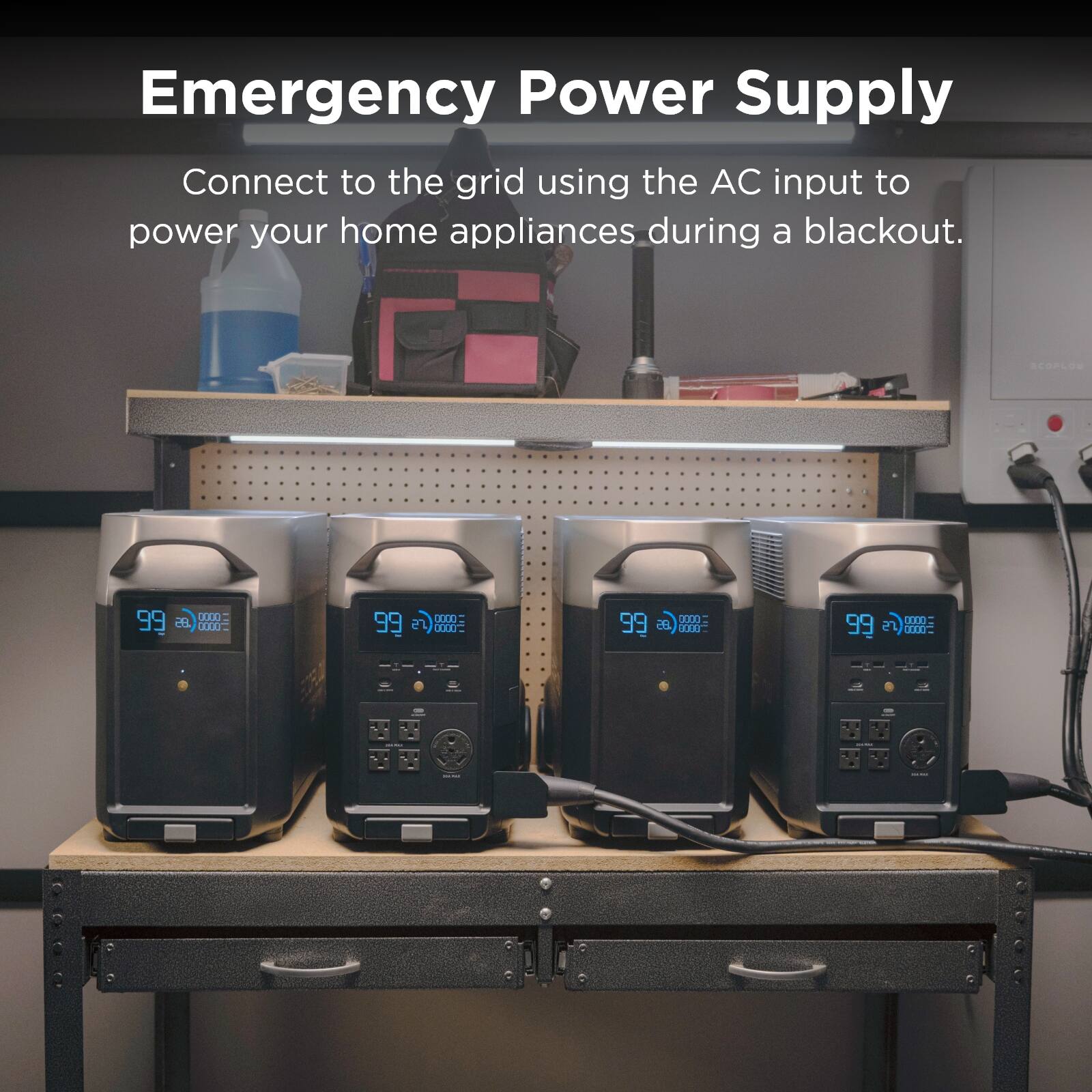 Emergency Power Supply: Connect to the grid using the AC input to power your home appliances during a blackout.