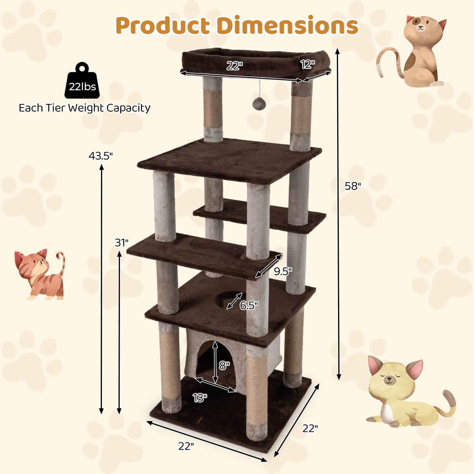 Product Dimensions:  
- Height: 58"  
- Width: 22"  
- Depth: 12"  

Each Tier Weight Capacity: 22lbs  

Dimensions:  
- Top Tier: 22" x 12"  
- Second Tier: 9.5" x 6.5"  
- Third Tier: 8" x 13"  
- Bottom Tier: 22" x 22"  

Total Height: 43.5"