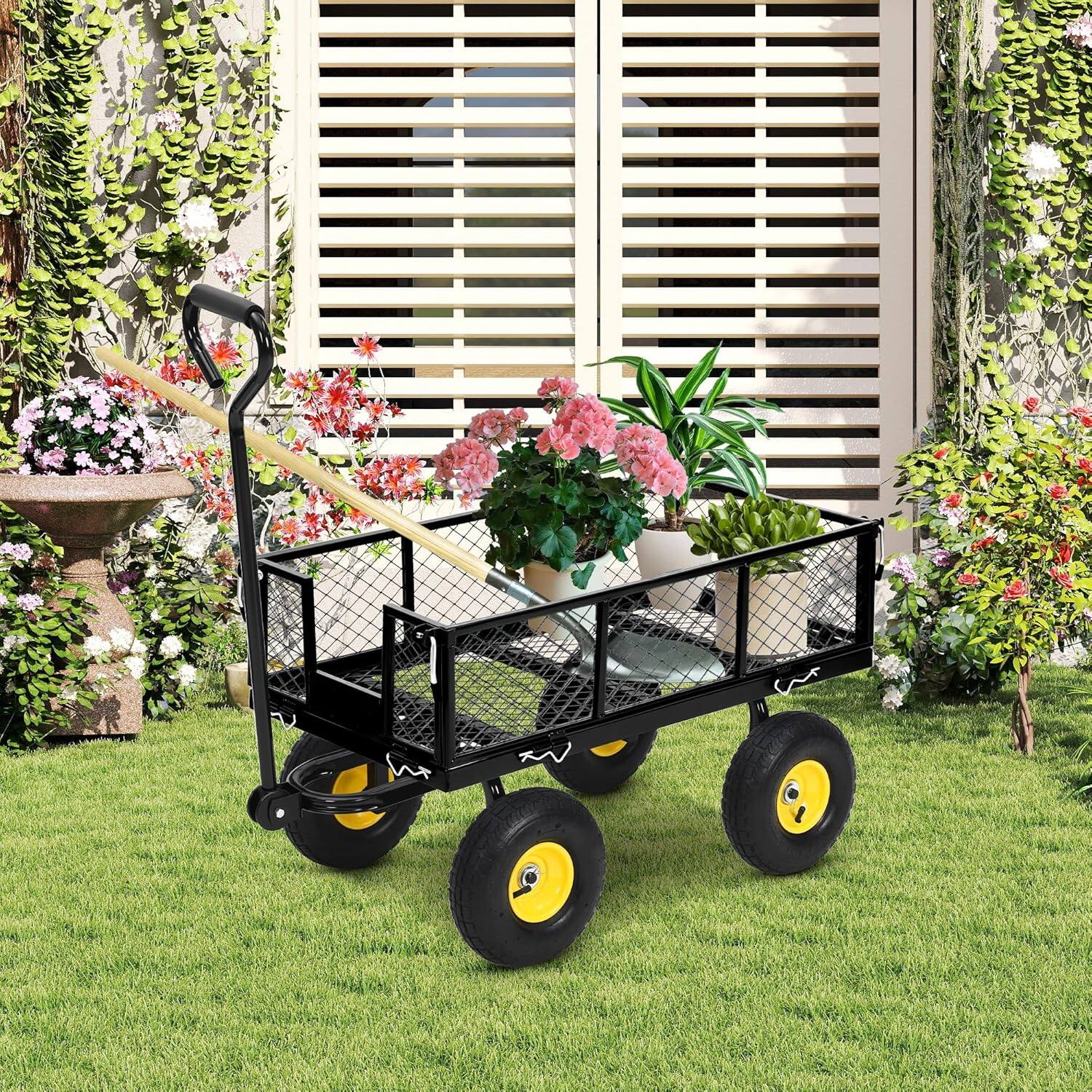 Front. Acekool - Garden Wagon Cart, 880 LB Capacity, Heavy Duty Steel Yard Cart, Removable Sides, All-Terrain Tires, Black - Black.