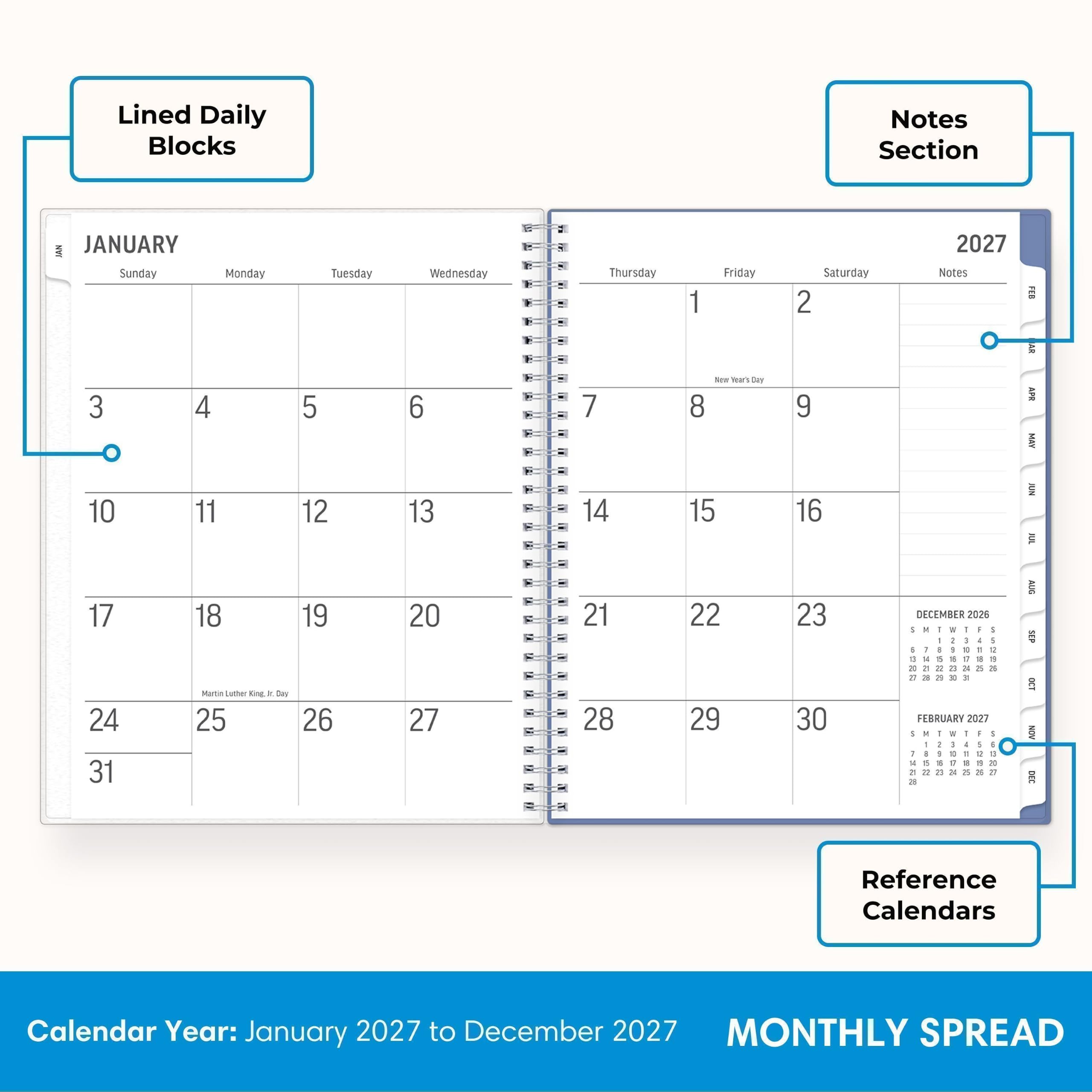 Lined Daily Blocks

Notes Section

JANUARY
Sunday | Monday | Tuesday | Wednesday | Thursday | Friday | Saturday
3 | 4 | 5 | 6 | 7 | 8 | 9
10 | 11 | 12 | 13 | 14 | 15 | 16
17 | 18 | 19 | 20 | 21 | 22 | 23
24 | 25 | 26 | 27 | 28 | 29 | 30
31

FEBRUARY
1 | 2 | 3 | 4 | 5 | 6 | 7
8 | 9 | 10 | 11 | 12 | 13 | 14
15 | 16 | 17 | 18 | 19 | 20 | 21
22 | 23 | 24 | 25 | 26 | 27 | 28

Reference Calendars

Calendar Year: January 2027 to December 2027
