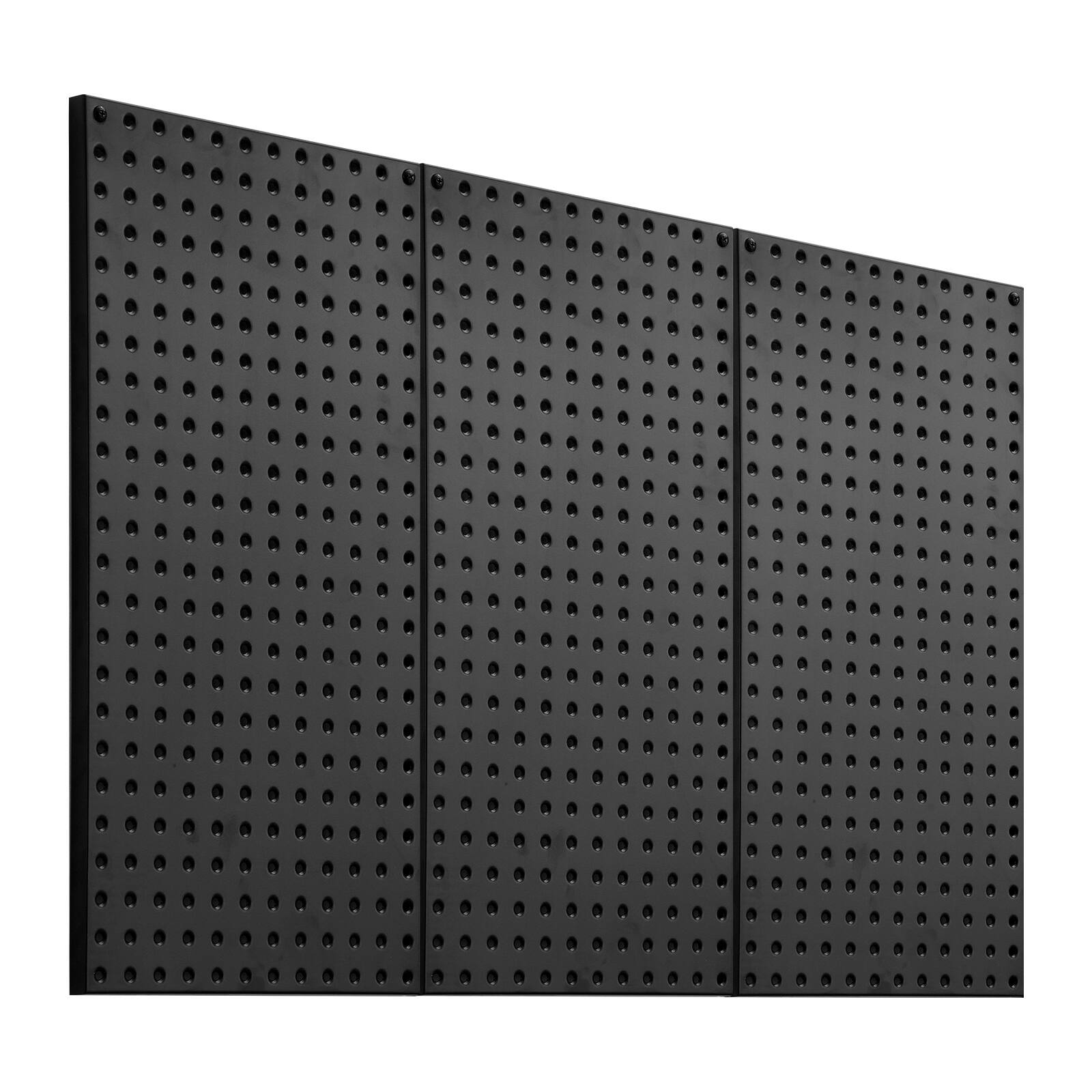 Front. VEVOR - Metal Pegboard Panels, 24" x 12" Pegboard, 3 Panels, Heavy Duty Steel Peg Board Wall Organizer, for Living Room Garage - Black.