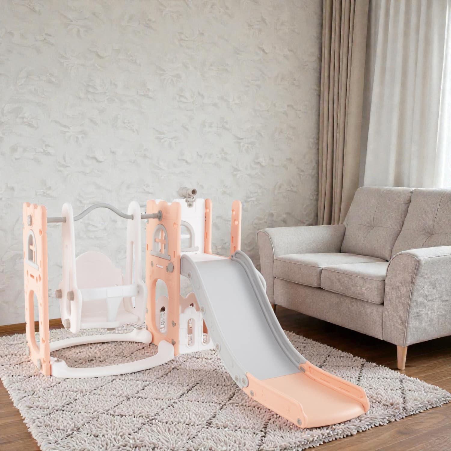 BreeBe - Multi-Function Toddler Swing and Slide Set Featuring Ladder and Hoop - Pink