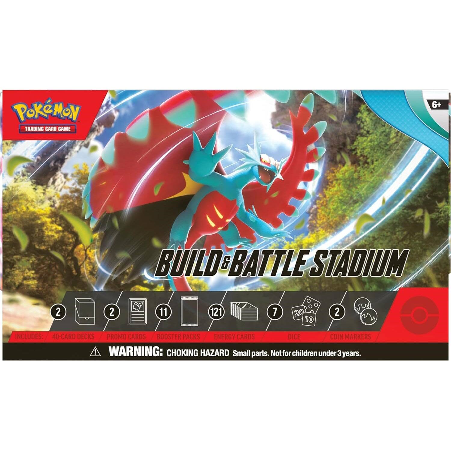 Pokémon Trading Card Game  
Build & Battle Stadium  

6+  

Includes:  
- 2 40-Card Decks  
- 2 Promo Cards  
- 11 Booster Packs  
- 121 Energy Cards  
- 7 Playmat Cards  
- 20 Dice  
- 10 Coin Markers  

Warning: Choking Hazard. Small parts. Not for children under 3 years.
