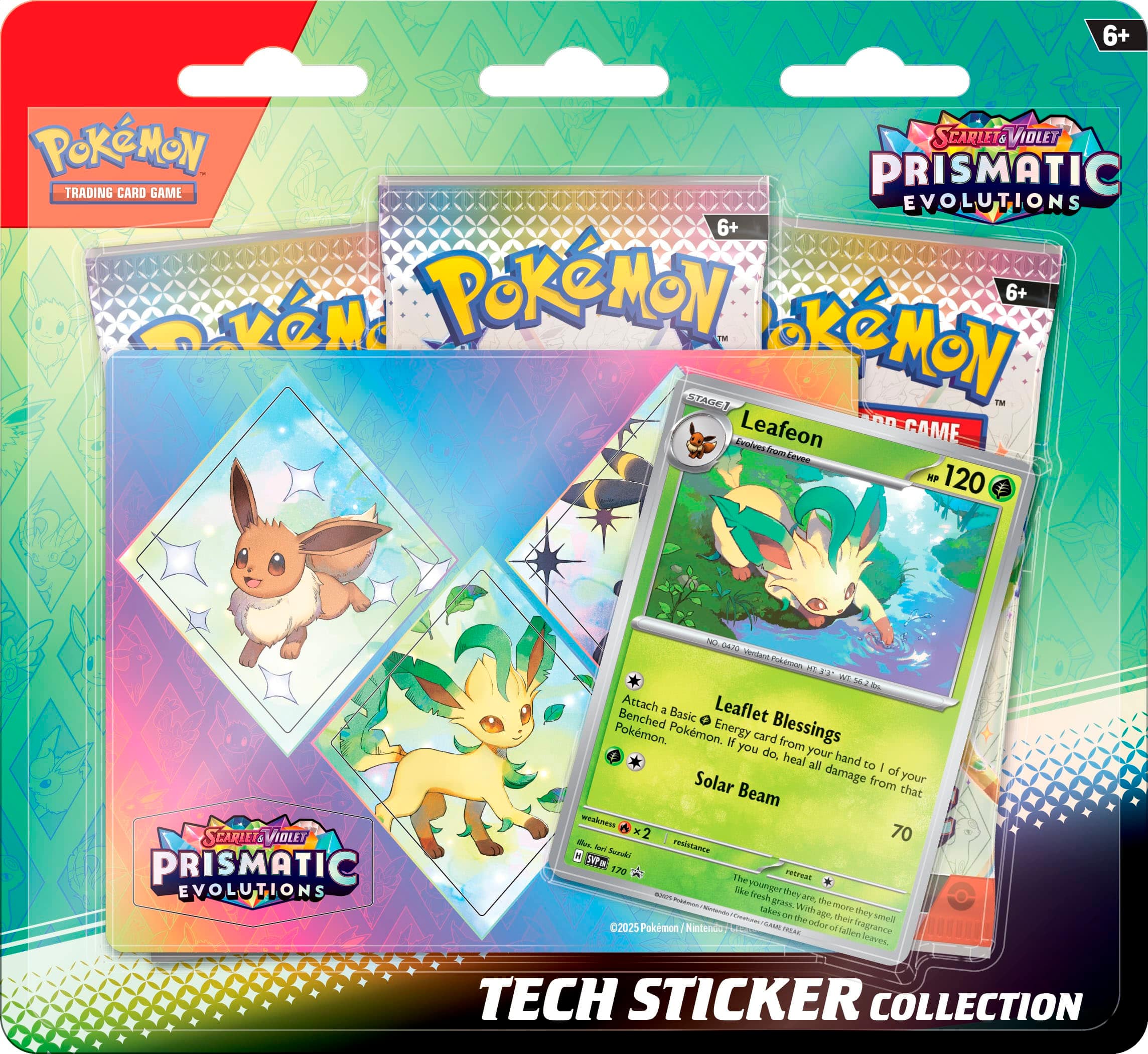 The Pokemon Prismatic Evolutions Tech Sticker Collection includes 6+ Pokemon cards, a Leaflet, and a Solar Beam card. The cards are from the Pokemon Searlet Violet trading card game. The collection also includes a Leaflet card that evolves into Leafeon, a Pokemon card that has the ability to heal all of your Pokemon's HP, and a Solar Beam card that deals damage to your opponent's Pokemon. The collection is designed to be a fun and engaging way to collect and play with Pokemon cards.