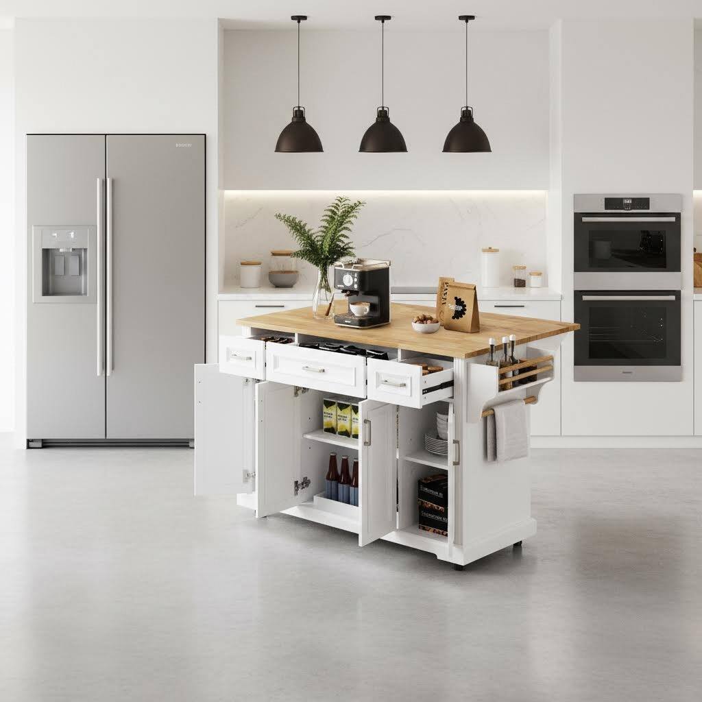 Left. Forest'nSky - 54" Large Rolling Kitchen Island with Rubber Wood Drop Leaf, Embossed Texture, 4 Doors, and 3 Drawers, White - White.
