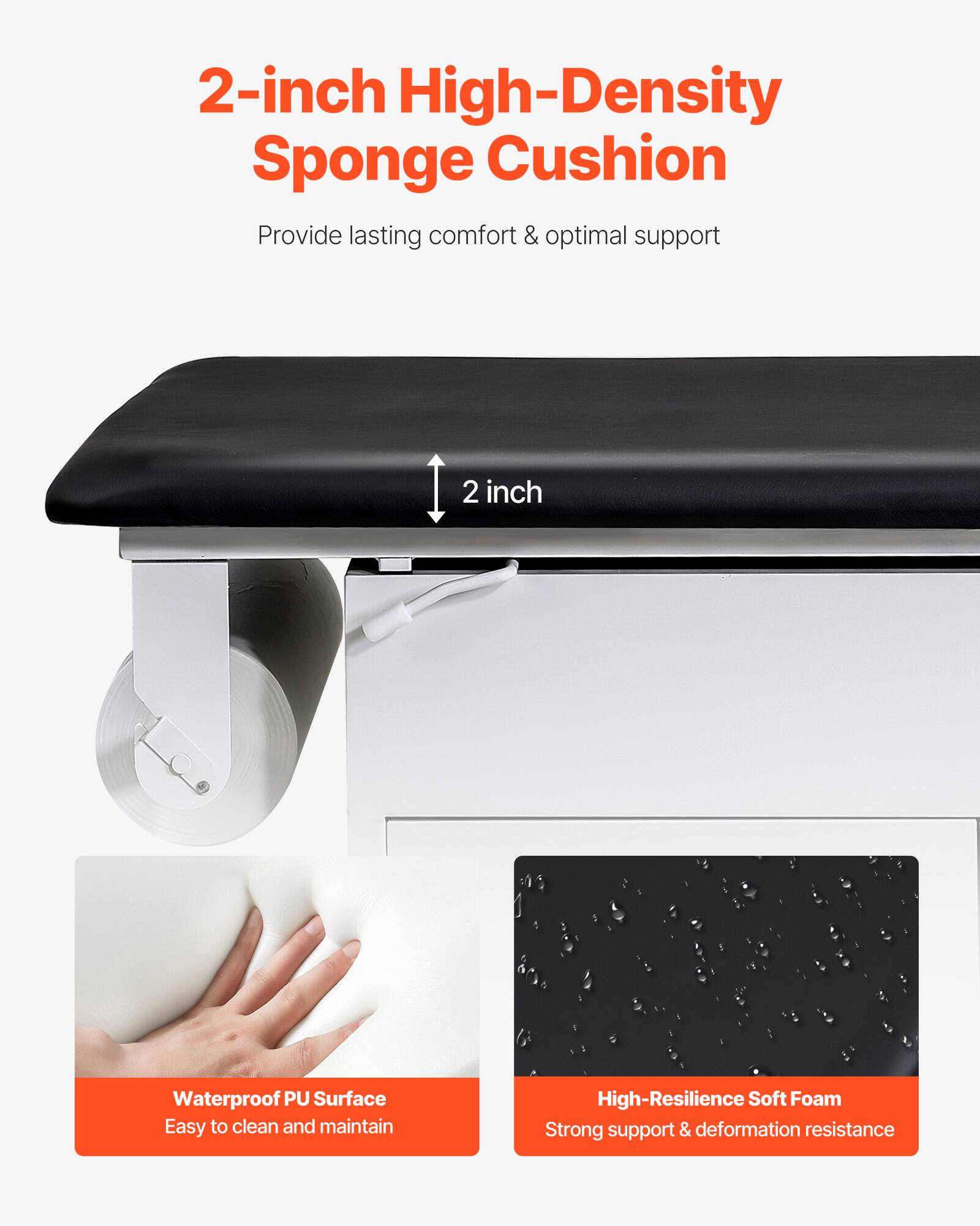 2-inch High-Density Sponge Cushion  
Provide lasting comfort & optimal support  

2-inch Waterproof PU Surface  
Easy to clean and maintain  

High-Resilience Soft Foam  
Strong support & deformation resistance