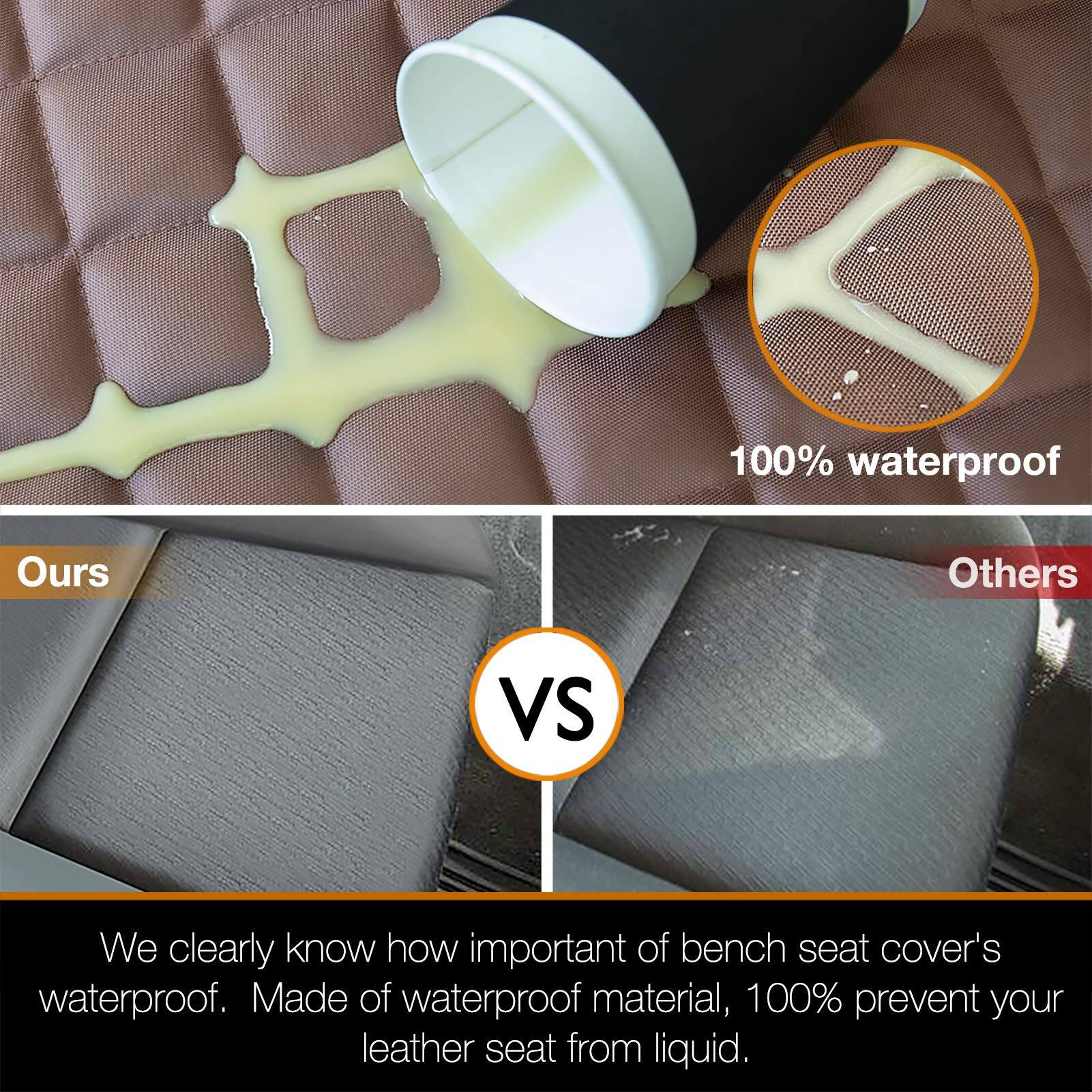 100% waterproof

Ours VS Others

We clearly know how important of bench seat cover's waterproof. Made of waterproof material, 100% prevent your leather seat from liquid.