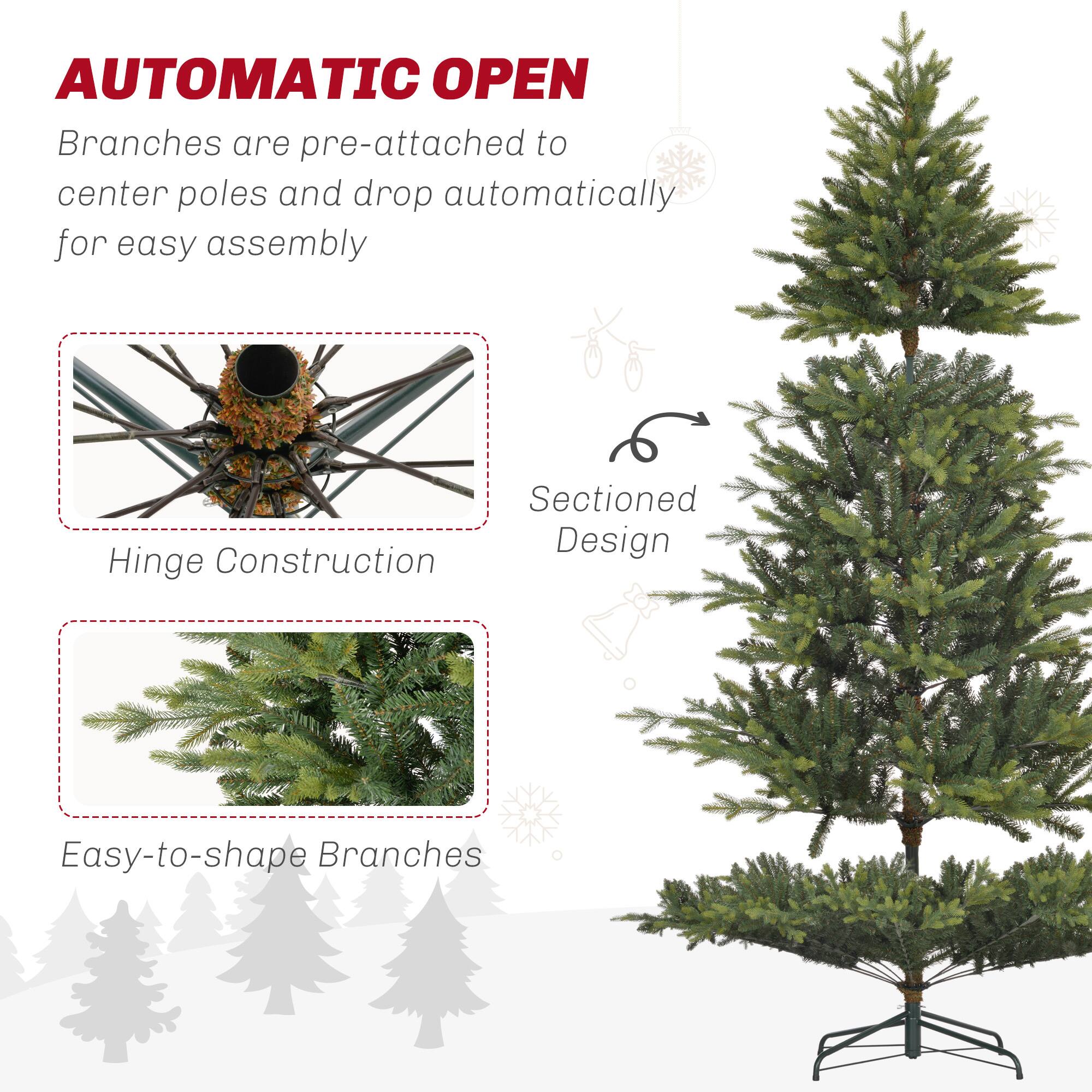 AUTOMATIC OPEN  
Branches are pre-attached to center poles and drop automatically for easy assembly  

Sectioned Design  
Hinge Construction  
Easy-to-shape Branches