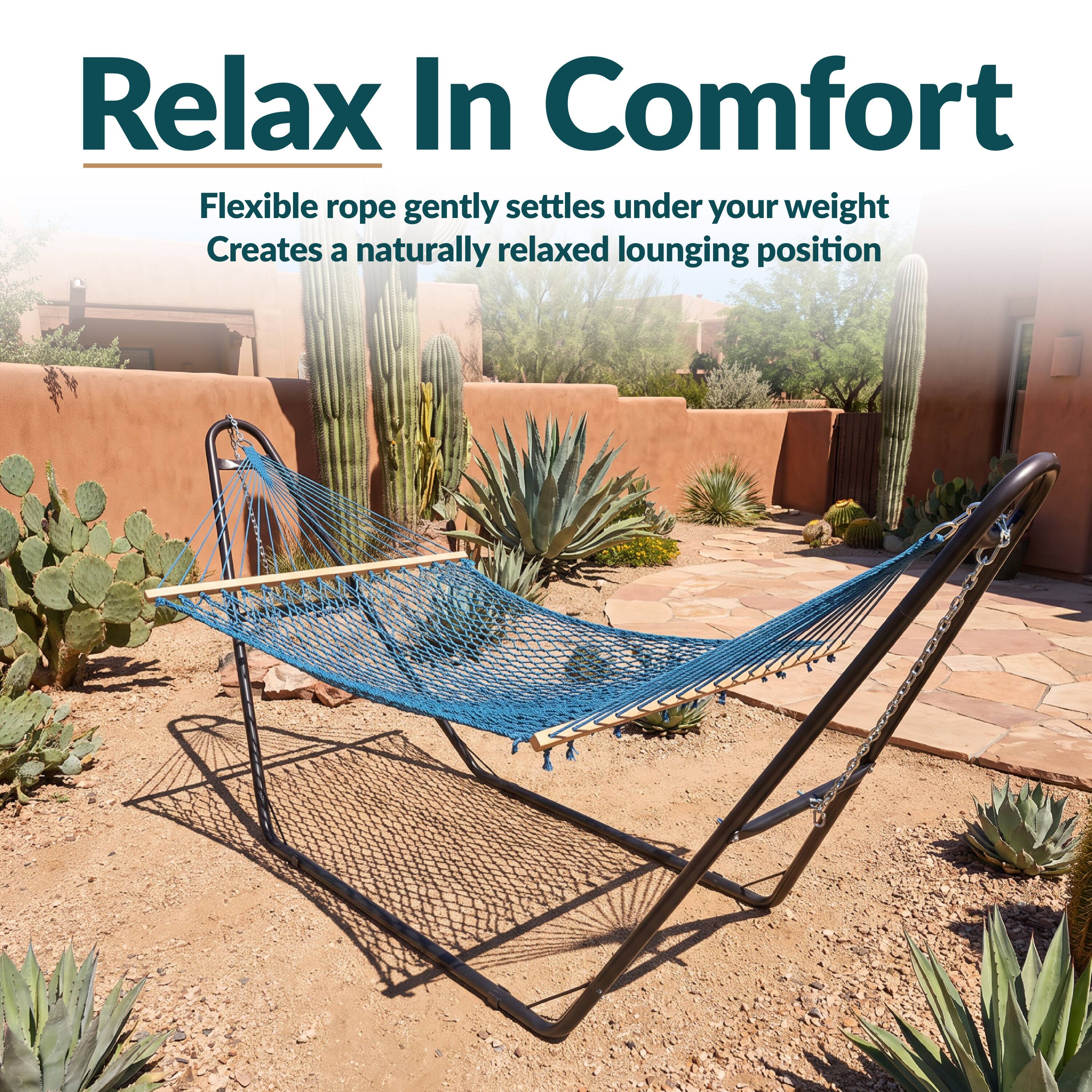 Relax In Comfort

Flexible rope gently settles under your weight
Creates a naturally relaxed lounging position