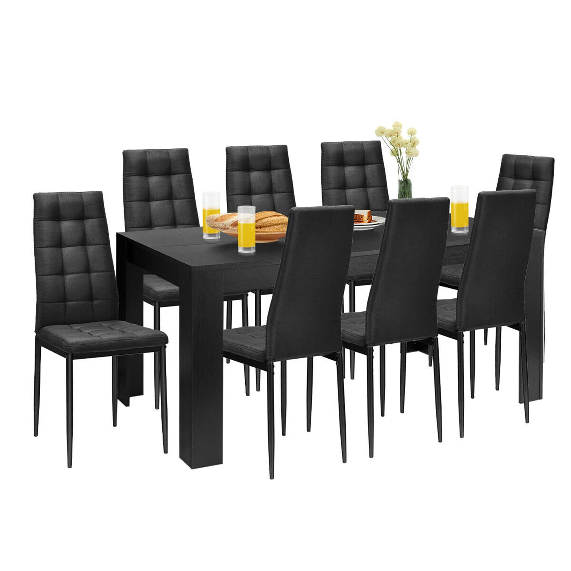 Gymax - 9pcs Dining Set Wood Table and 8 Fabric Chairs Home Kitchen Modern - Black