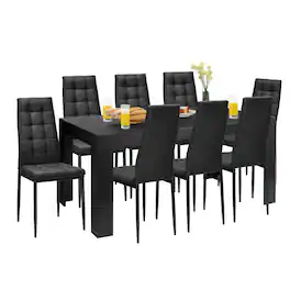 Gymax - 9pcs Dining Set Wood Table and 8 Fabric Chairs Home Kitchen Modern - Black