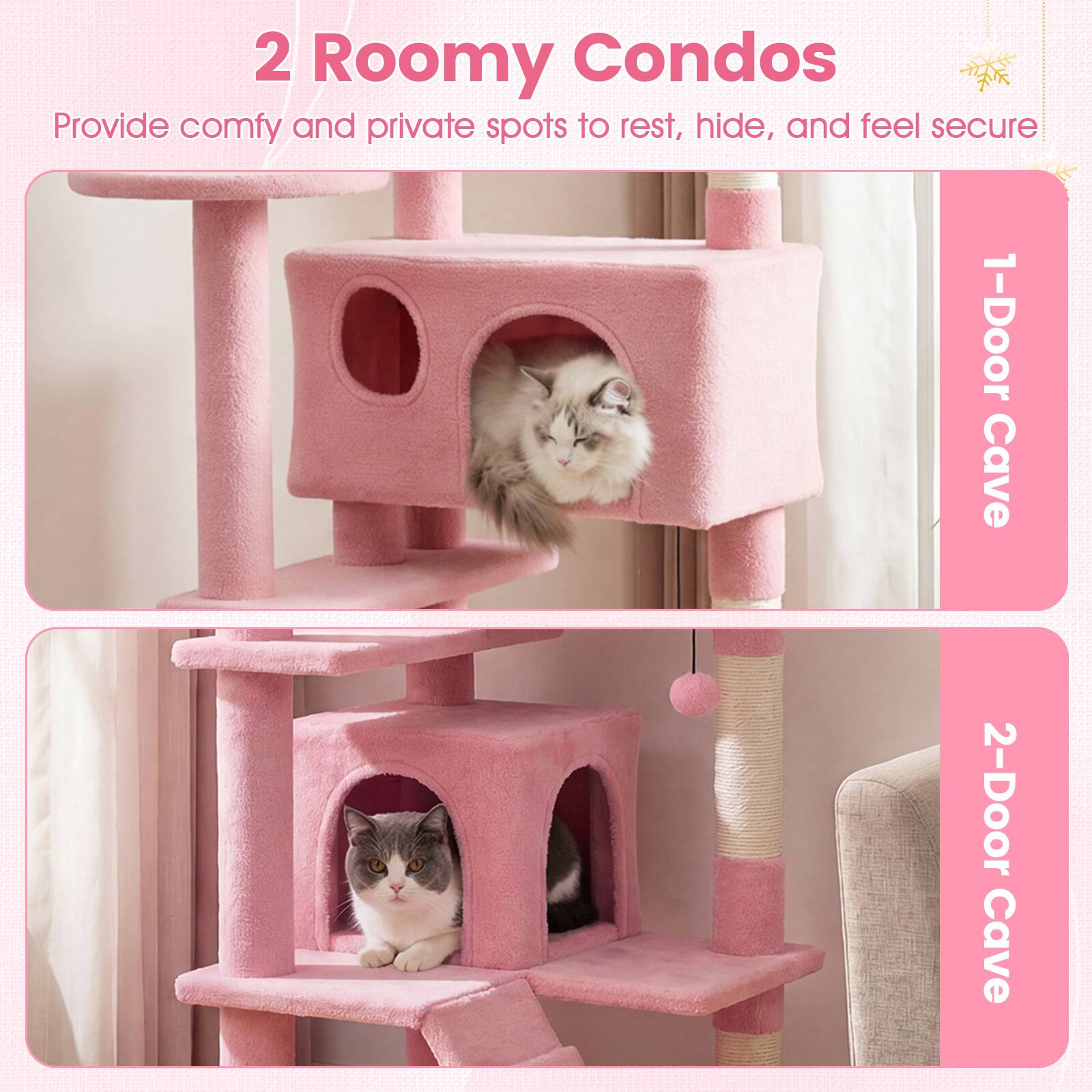 2 Roomy Condos  
Provide comfy and private spots to rest, hide, and feel secure  

1-Door Cave  
2-Door Cave