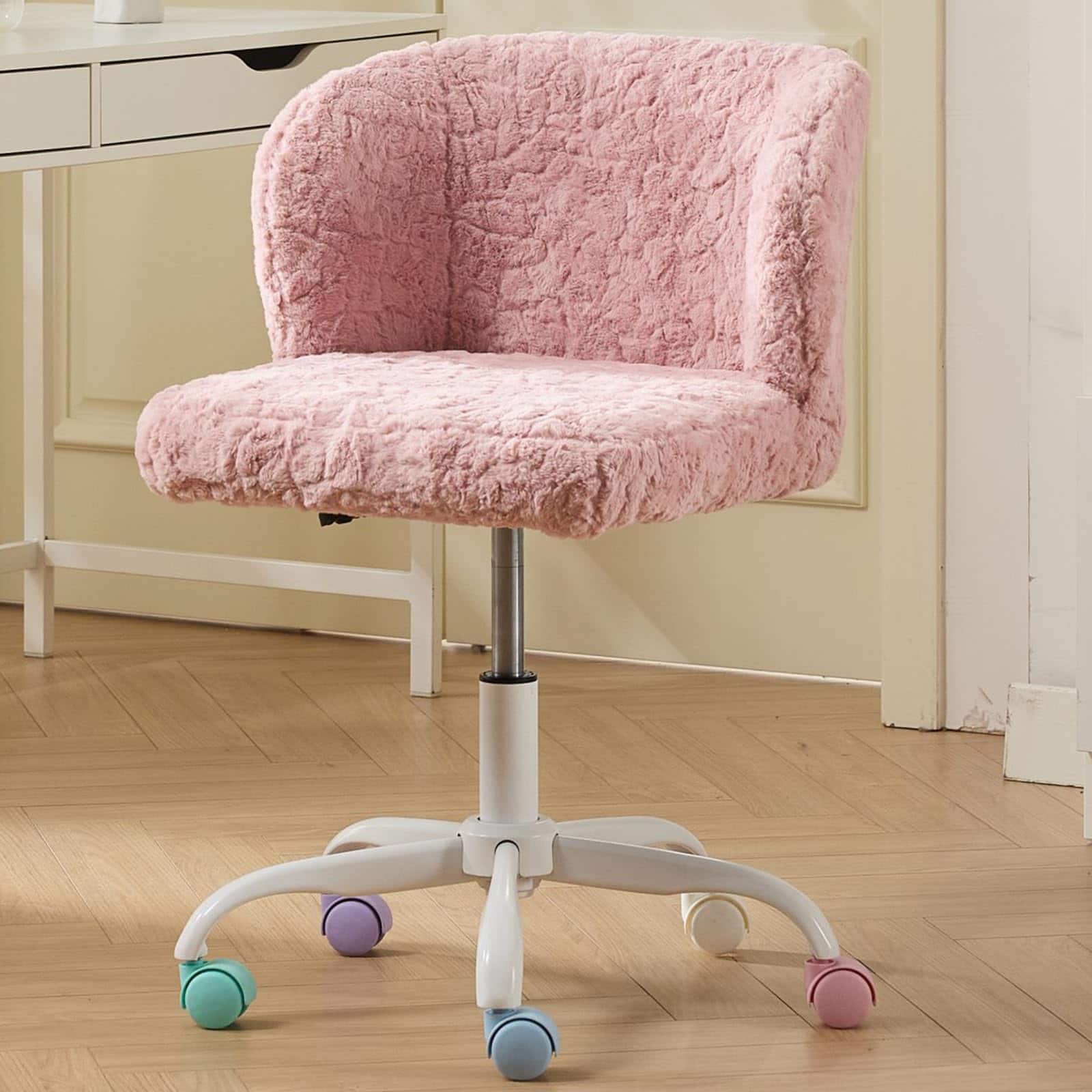 Ecooso - Artificial rabbit hair Home Office Chair with Metal Base,Adjustable Desk Chair Swivel Office Chair,Vanity Chair - Pink