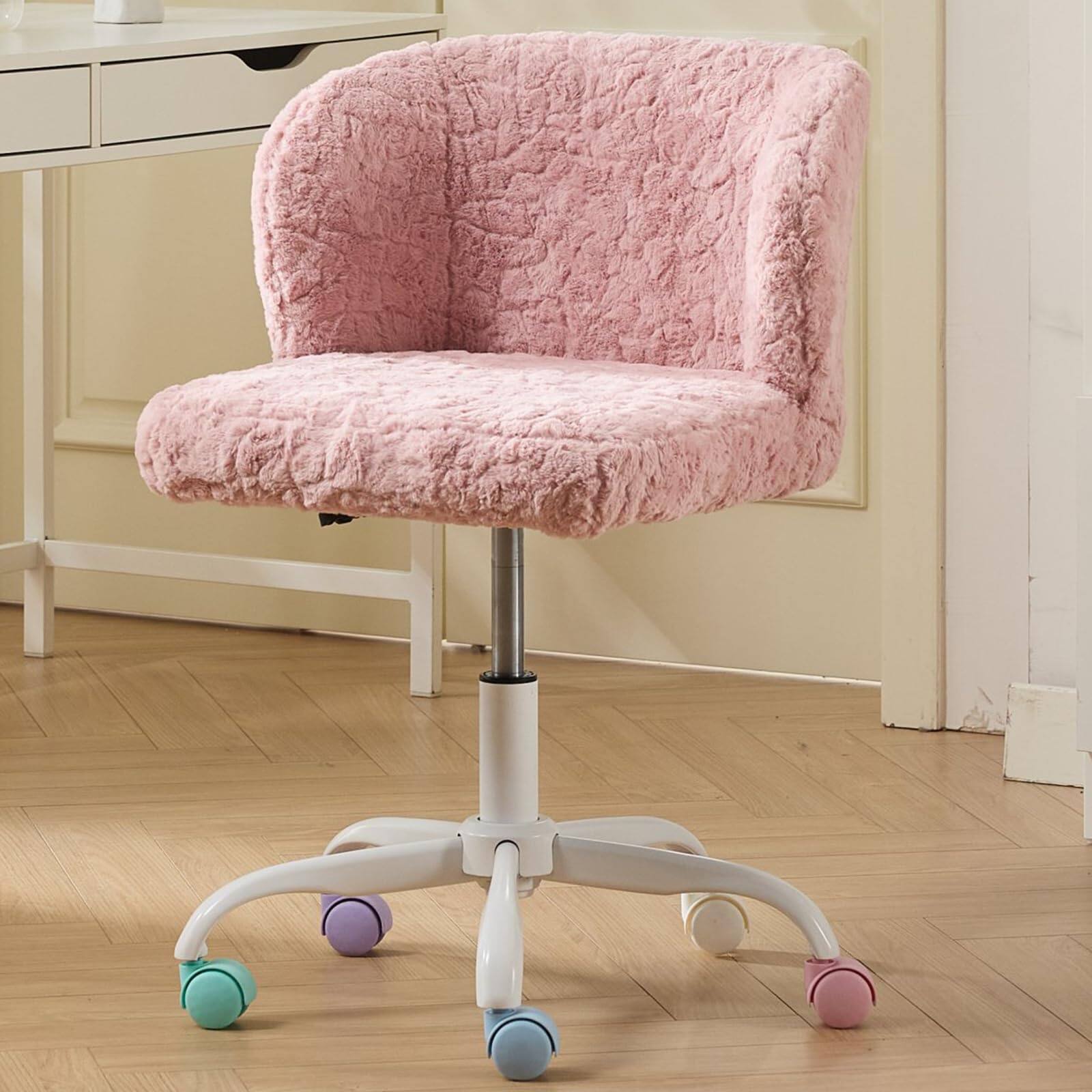 Front. Ecooso - Artificial rabbit hair Home Office Chair with Metal Base,Adjustable Desk Chair Swivel Office Chair,Vanity Chair(Pink) - Pink.