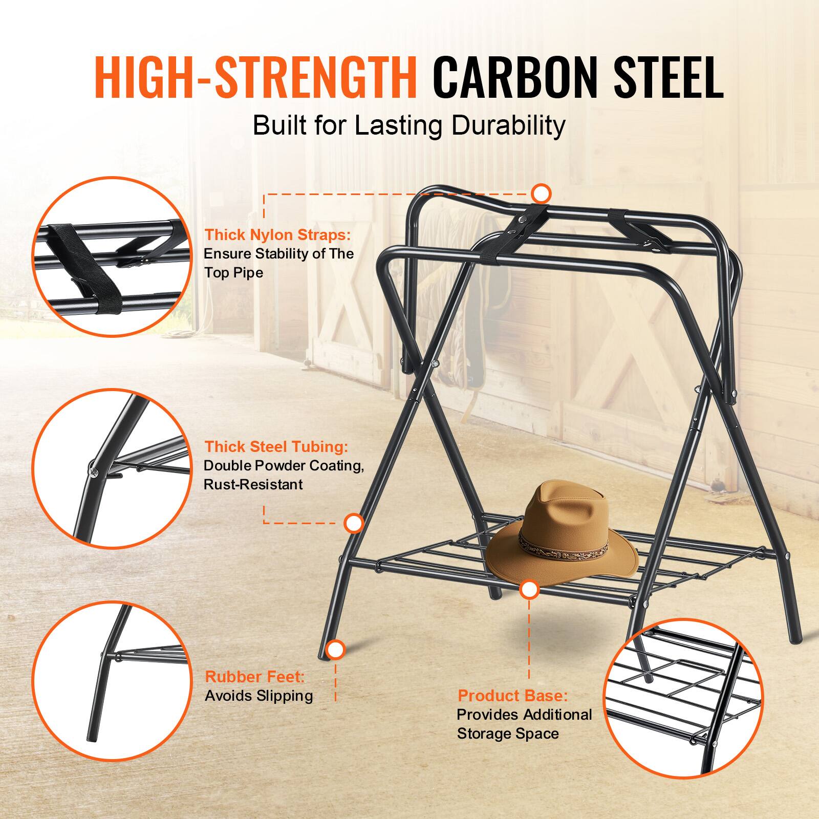 HIGH-STRENGTH CARBON STEEL  
Built for Lasting Durability

- Thick Nylon Straps: Ensure Stability of The Top Pipe
- Thick Steel Tubing: Double Powder Coating, Rust-Resistant
- Rubber Feet: Avoids Slipping
- Product Base: Provides Additional Storage Space